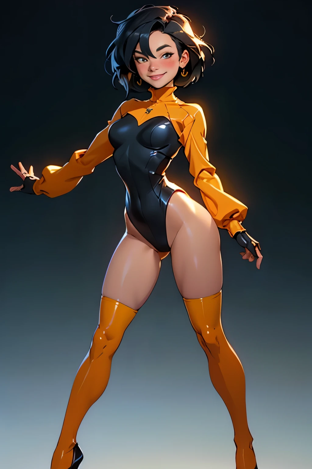 Full body, masterpiece, 4k, high quality, beautiful lighting, dynamic lighting, smooth detailed skin, black leotard, long sleeve leotard, exposed legs, long black hair, smiling, seductive smile, blush, young, very short hair blue, loli, ?????????, ????, seductive, highly detailed, shiny skin, dark plain background with orange gradient, plain background, cyberpunk style