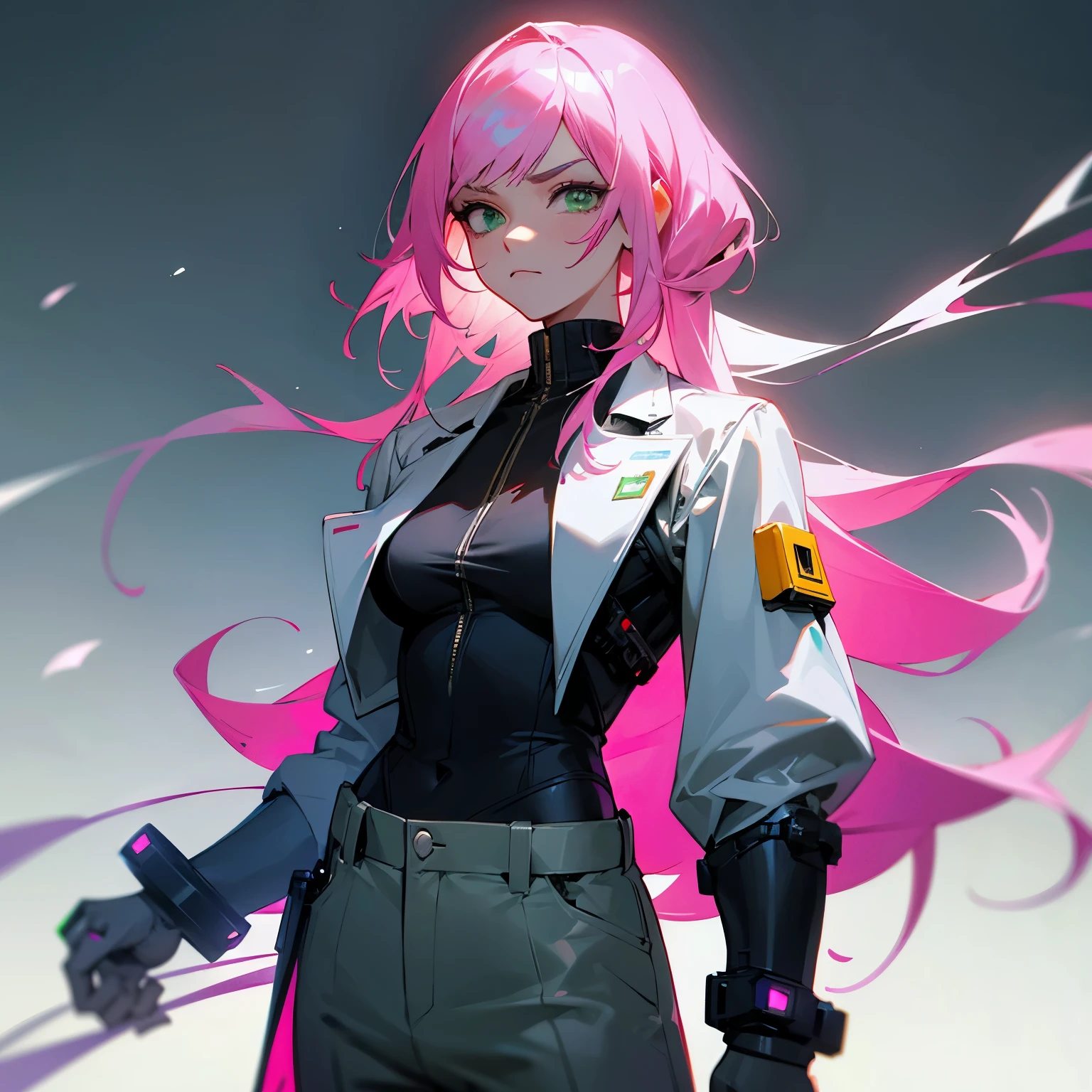 Girl with pink hair, green eyes, Long hair, Science fiction, in a suit with trousers,wide trousers, voluminous sleeves, Cyberpunk costume, Clothes of the future, sci-fi, unhappy face, Unusual haircut, well drawn face