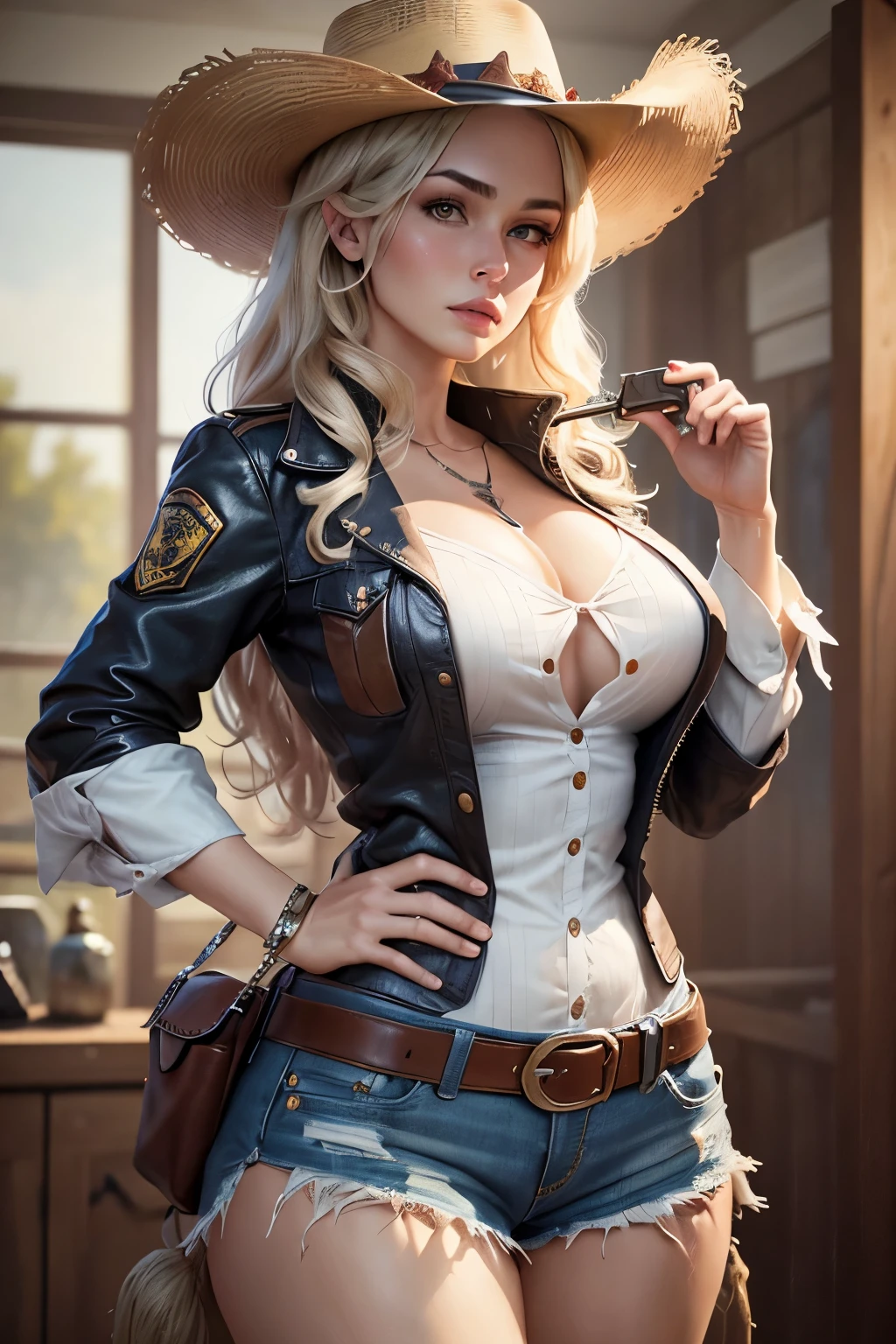 Raw photography, top-quality, masterpiece, extremely delicate and beautiful, ighly detailed, nffsw, Unity, 8K Picture Wallpaper, amazingly detail, detaile, masterpiece, top-quality, Official art, Highly detailed ticker Unity 8k wallpaper, ultra-detailliert, hight resolution, ighly detailed, Clair, Focus, (top-quality), (realisitic, Photorealsitic:1.2), 8K, Soft lighting, hightquality, lighting like a movie, 1womanl、A MILF、Sadie Adler (Red Dead Redemption 2)Gunman with two pistols、American Pioneer Era、Western-style room、cow girl、Attractive woman、Too strong、wearing a cowboy hat、takeout、Sheriff's office in the background、Colossal titreasts that are about to fall to zero、Cowgirl Fashion