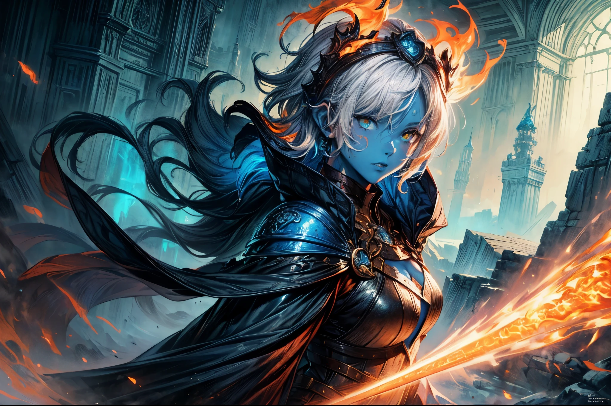 fantasy art, dnd art, RPG art, wide shot, (masterpiece: 1.4) portrait, intense details, highly detailed, photorealistic, best quality, highres, portrait a vedalken female (fantasy art, Masterpiece, best quality: 1.3) ((blue skin: 1.5)), intense details facial details, exquisite beauty, (fantasy art, Masterpiece, best quality) cleric, (blue colored skin: 1.5) 1person blue_skin, (blue skinned: 1.5) female, (white hair: 1.3), long hair, intense green eye, ((no ears: 1.6)), fantasy art, Masterpiece, best quality) armed a fiery sword red fire, wearing heavy (white: 1.3) half plate mail armor, wearing high heeled laced boots, wearing an(orange :1.3) cloak, wearing glowing holy symbol GlowingRunes_pink, within fantasy temple background, reflection light, high details, best quality, 16k, [ultra detailed], masterpiece, best quality, (extremely detailed), close up, ultra wide shot, photorealistic, RAW, fantasy art, dnd art, fantasy art, realistic art,((best quality)), ((masterpiece)), (detailed), perfect face