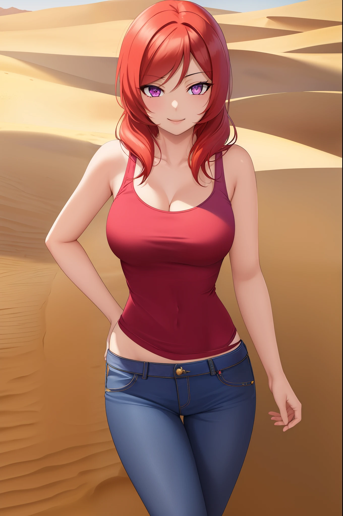 ((Masterpiece)), 8k wallpaper,,best quality,(standing ),(looking at viewer), purple eyes, ( perfect hips),(detailed position body),cowboy shot, nishikino maki, red tank top, blue pants,  smile, in Egyptian desert