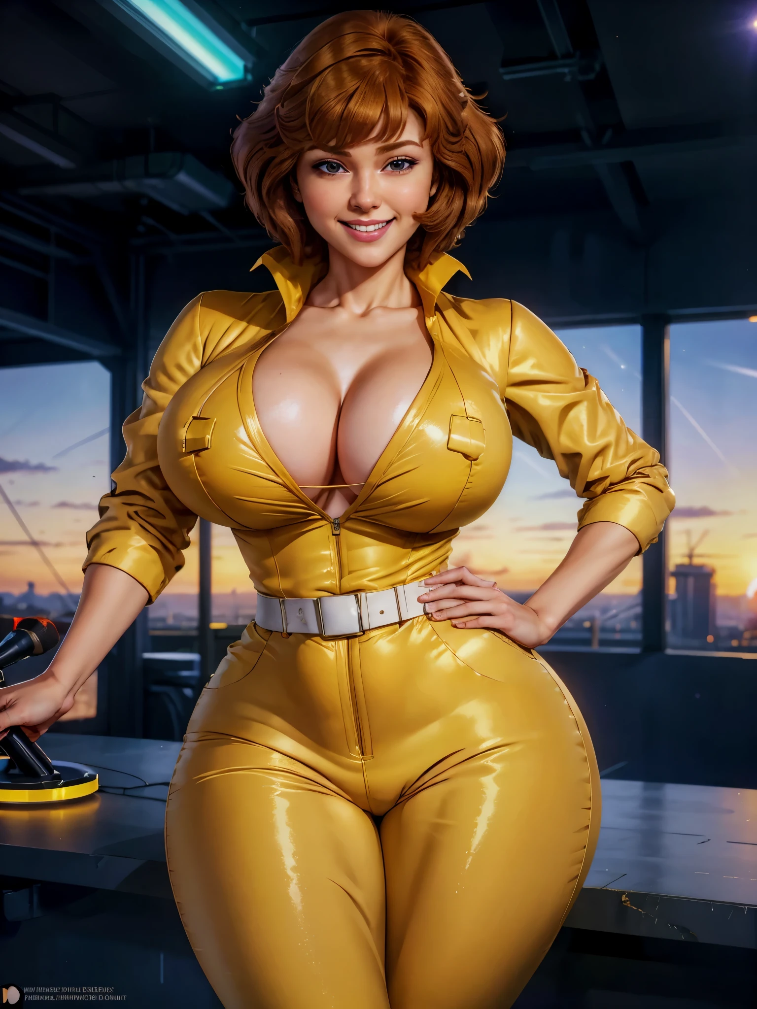 absurdres, april o'neil, 1girl, short brown hair, smiling, microphone, upper body, yellow jumpsuit, sleeves rolled up, white belt, focus on viewer, glossy skin, muscular, stunning, smooth, simetric, wide hips, perfect proportions, futanari, ultra realistic, huge cleavage, thick, cinematic light, sunset street.