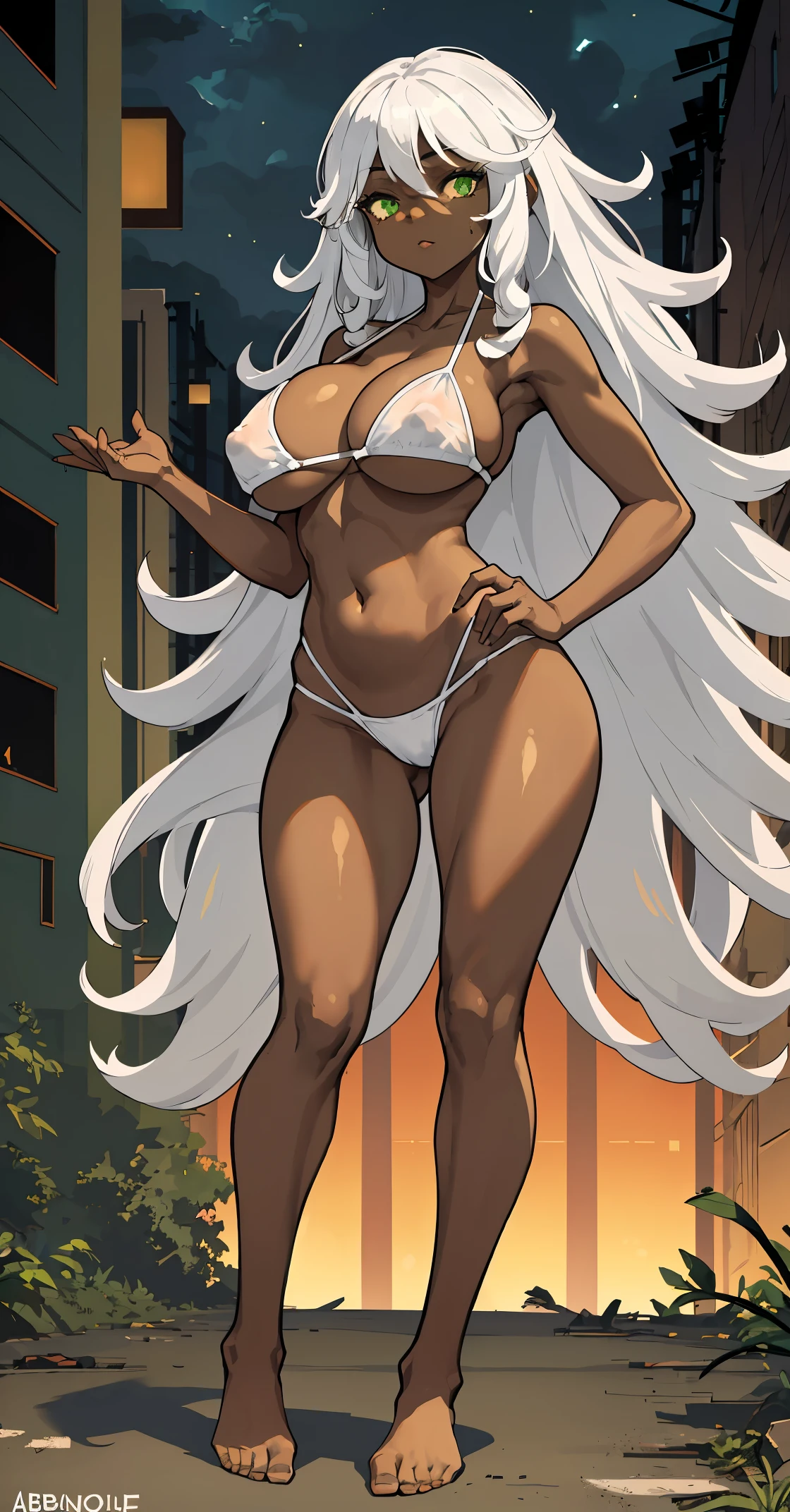 1 woman, black skin , White curly hair , green eyes, sly face , Beaming , white bikini , abdomen , big breasts, Long legs , stand on your hips... , Barefoot , abandoned factory, at night