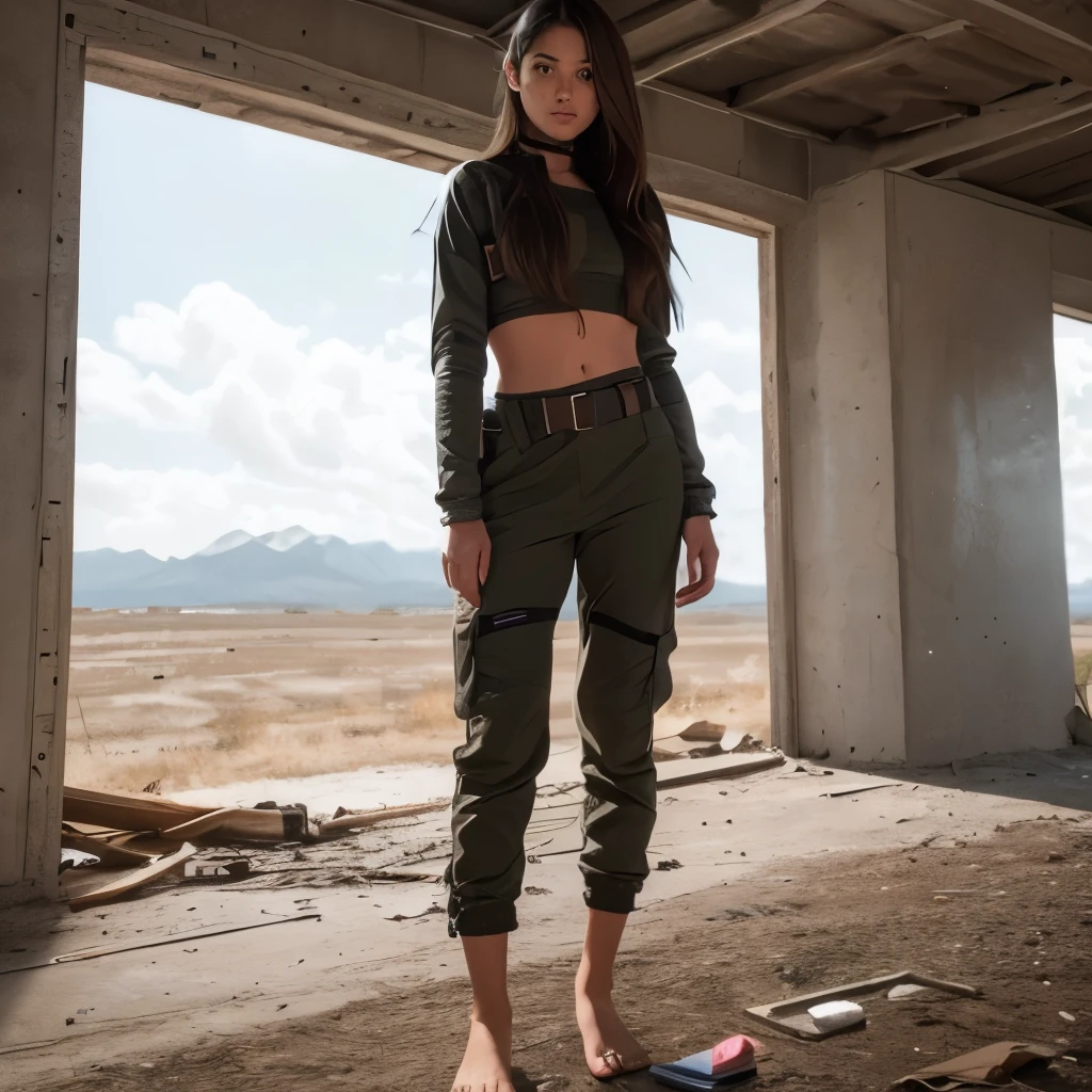 Girl in apocalypse wears survival outfit, crop top and barefoot