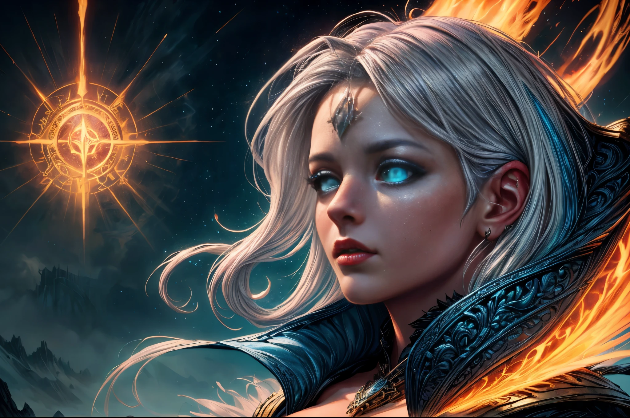 fantasy art, dnd art, RPG art, wide shot, (masterpiece: 1.4) portrait, intense details, highly detailed, photorealistic, best quality, highres, portrait a vedalken female (fantasy art, Masterpiece, best quality: 1.3) ((blue skin: 1.5)), intense details facial details, exquisite beauty, (fantasy art, Masterpiece, best quality) cleric, (blue colored skin: 1.5) 1person blue_skin, (blue skinned female: 1.5, (white hair: 1.3), long hair, intense green eye, ((no ears: 1.6)), fantasy art, Masterpiece, best quality) armed a fiery sword red fire, wearing heavy (white: 1.3) half plate mail armor, wearing high heeled laced boots, wearing an(orange :1.3) cloak, wearing glowing holy symbol GlowingRunes_pink, within fantasy temple background, reflection light, high details, best quality, 16k, [ultra detailed], masterpiece, best quality, (extremely detailed), close up, ultra wide shot, photorealistic, RAW, fantasy art, dnd art, fantasy art, realistic art,((best quality)), ((masterpiece)), (detailed), perfect face