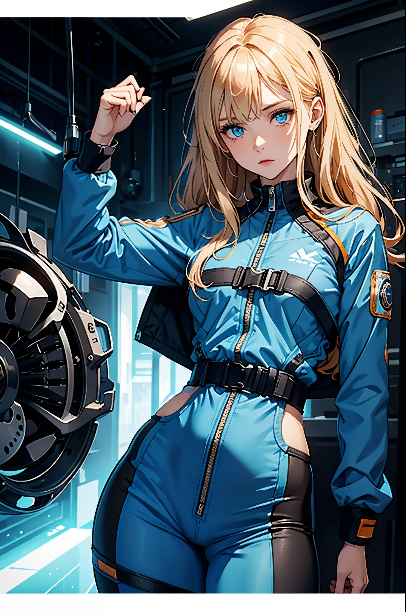 1girl, laboratory, operating machine, solo, wattson, masterpiece, highly detailed, blue eyes, detailed eyes, expressive detailed eyes, wide eyed, detailed pupils, blonde hair, long hair, fringe, orange jacket, jacket, blue shirt, blue top, blue skinsuit, white pant, Details evoking circuits, inject two serums in her arm