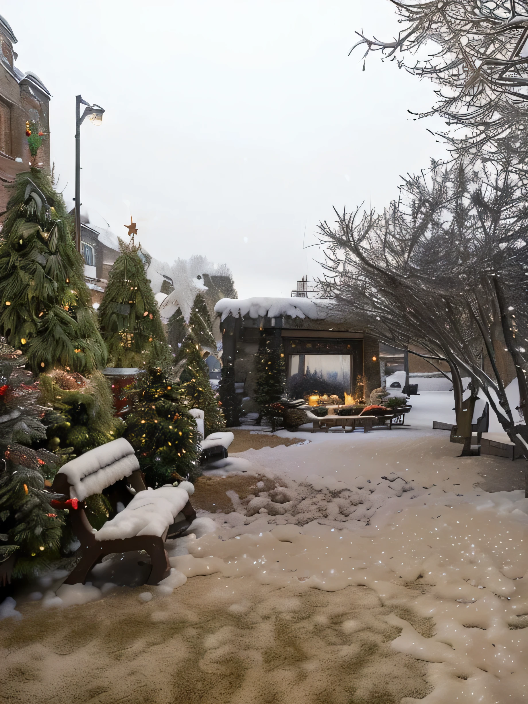 convert this into beautiful christmas theme , add a very little snow on the floor , add lights on trees, add presents