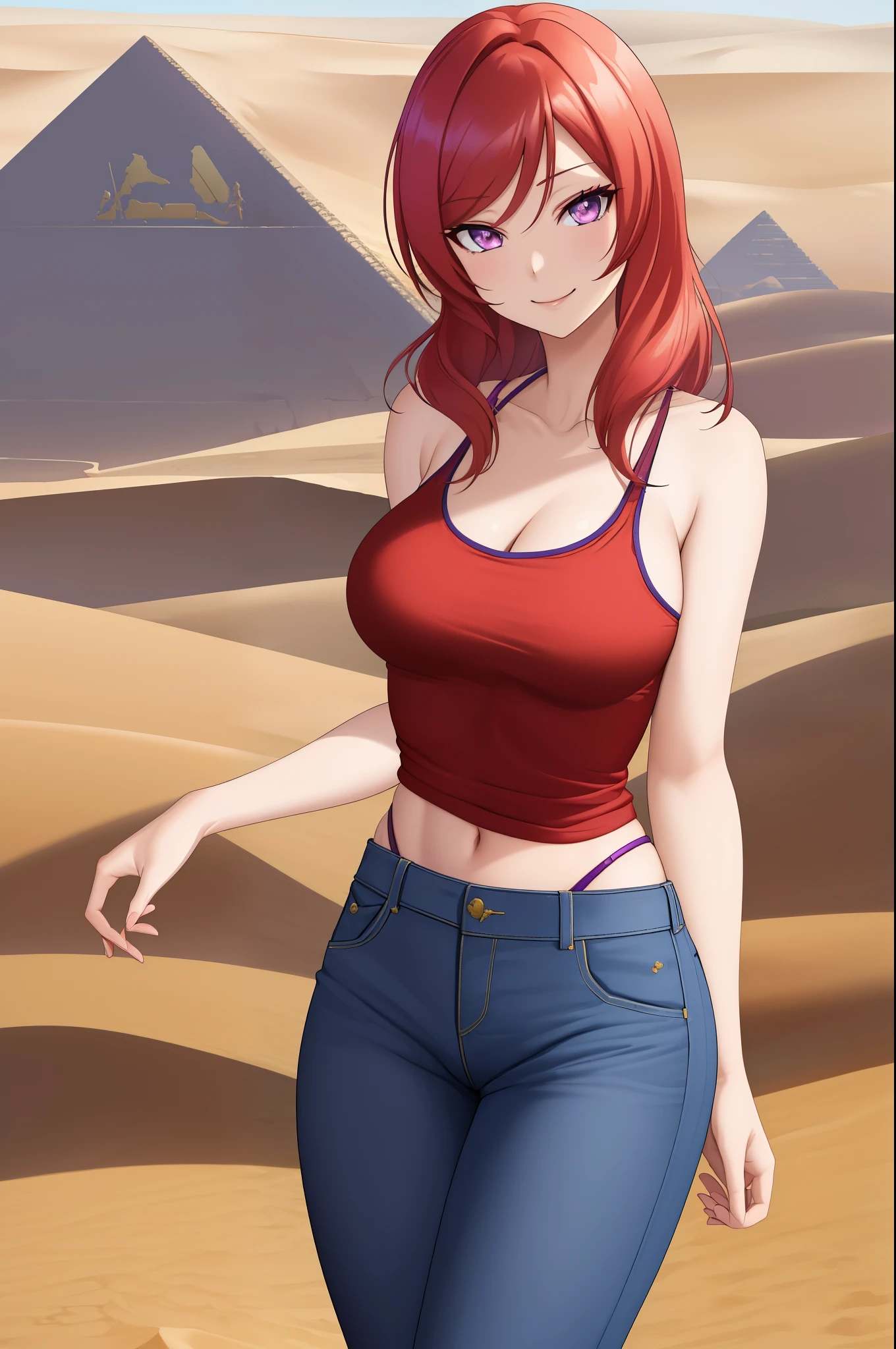 ((Masterpiece)), 8k wallpaper,,best quality,(standing ),(looking at viewer), purple eyes, ( perfect hips),(detailed position body),cowboy shot, nishikino maki, red tank top, blue pants,  smile, in Egyptian desert