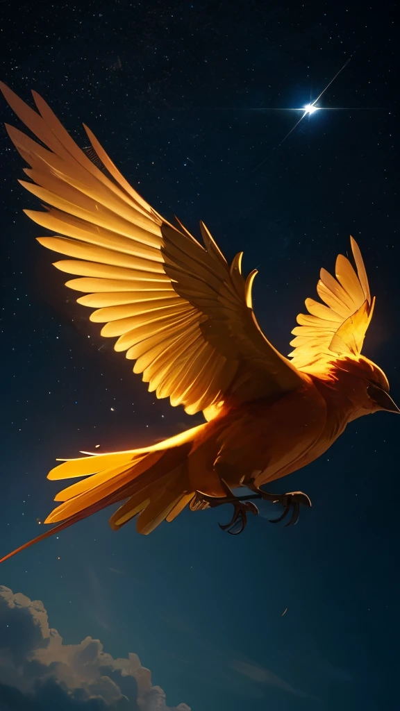 The image of a golden firebird fluttering in the heavens。
firebird 8k，Heaven 8k，A depiction that looks like it was drawn with CGai、highest quality、spiritual　