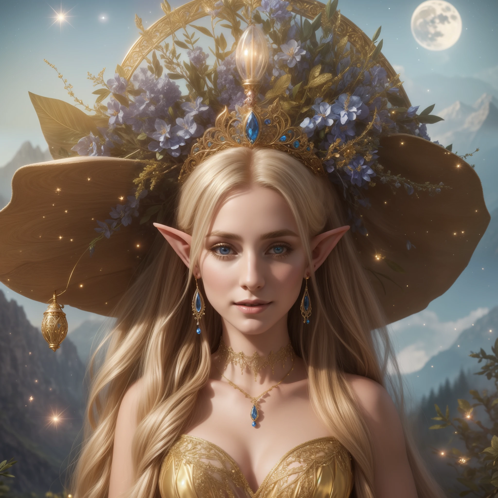 A beautiful elf, with long flowing blonde hair, silky skin, beautiful eyes, full lips, big breasts, wearing a transparent pure blue silk dress, wearing earrings, a gold choker, giving a beautiful smile, posing, and in the background mountains and pine trees, and above her head a night sky with scattered clouds and a moon shining white, bright butterflies and fireflies all around ((intricate details)) hyperrealistic wonderful elf, beautiful photorealistic sexy elf in the moonlight, a beautiful goddess of nature under the moonlight with intricate details.