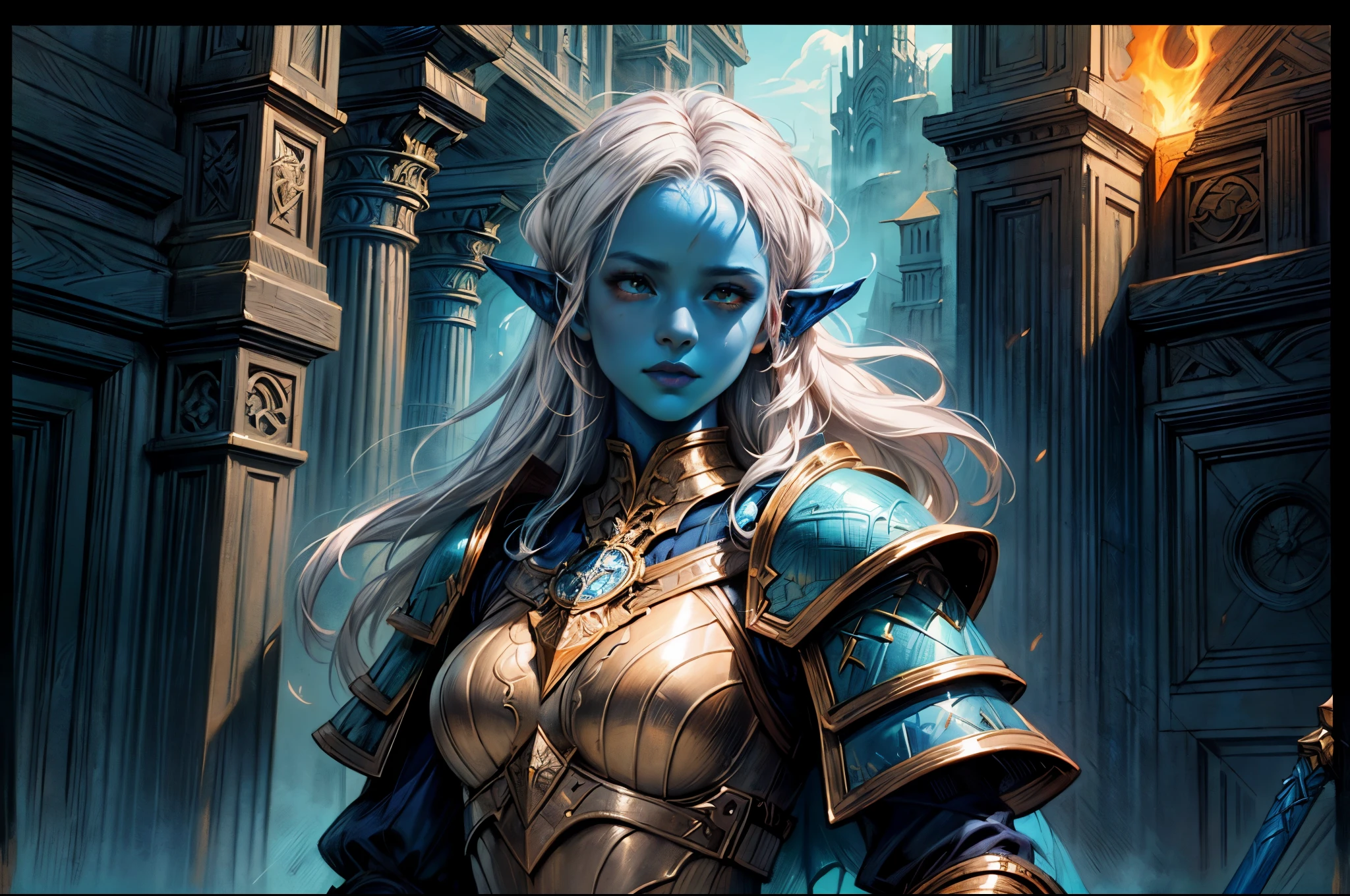 fantasy art, dnd art, RPG art, wide shot, (masterpiece: 1.4) portrait, intense details, highly detailed, photorealistic, best quality, highres, portrait a vedalken female (fantasy art, Masterpiece, best quality: 1.3) ((blue skin: 1.5)), intense details facial details, exquisite beauty, (fantasy art, Masterpiece, best quality) cleric, (blue colored skin: 1.5) 1person blue_skin, blue skinned female, (white hair: 1.3), (no ears: 1.6), long hair, intense green eye, ((no ears: 1.6)), fantasy art, Masterpiece, best quality) armed a fiery sword red fire, wearing heavy (white: 1.3) half plate mail armor, wearing high heeled laced boots, wearing an(orange :1.3) cloak, wearing glowing holy symbol GlowingRunes_pink, within fantasy temple background, reflection light, high details, best quality, 16k, [ultra detailed], masterpiece, best quality, (extremely detailed), close up, ultra wide shot, photorealistic, RAW, fantasy art, dnd art, fantasy art, realistic art,((best quality)), ((masterpiece)), (detailed), perfect face