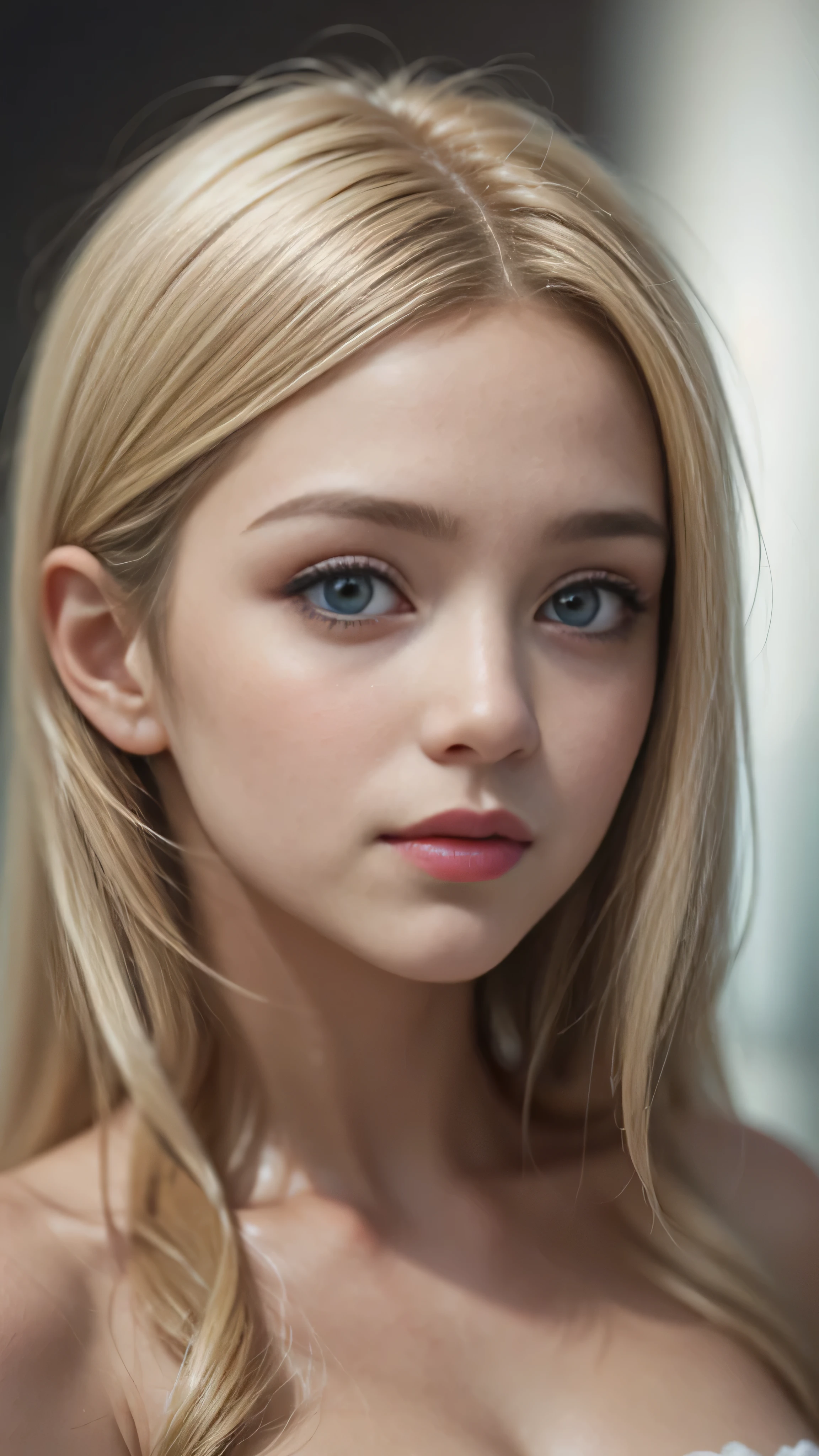 highest quality、High resolution、Super detailed、masterpiece、Live shooting:2、real:2、photorealistic:2、very delicate and beautiful、fine details、textured skin、beautiful caucasian、solo、Super beautiful, Makeup, Ecstatic expression, lecherous expression, temptation expression, Flowing layered white shiny blonde hair, Glowing big blue eyes, Seductive moist pink lips, perfect proportions, (close up of face:1.5)