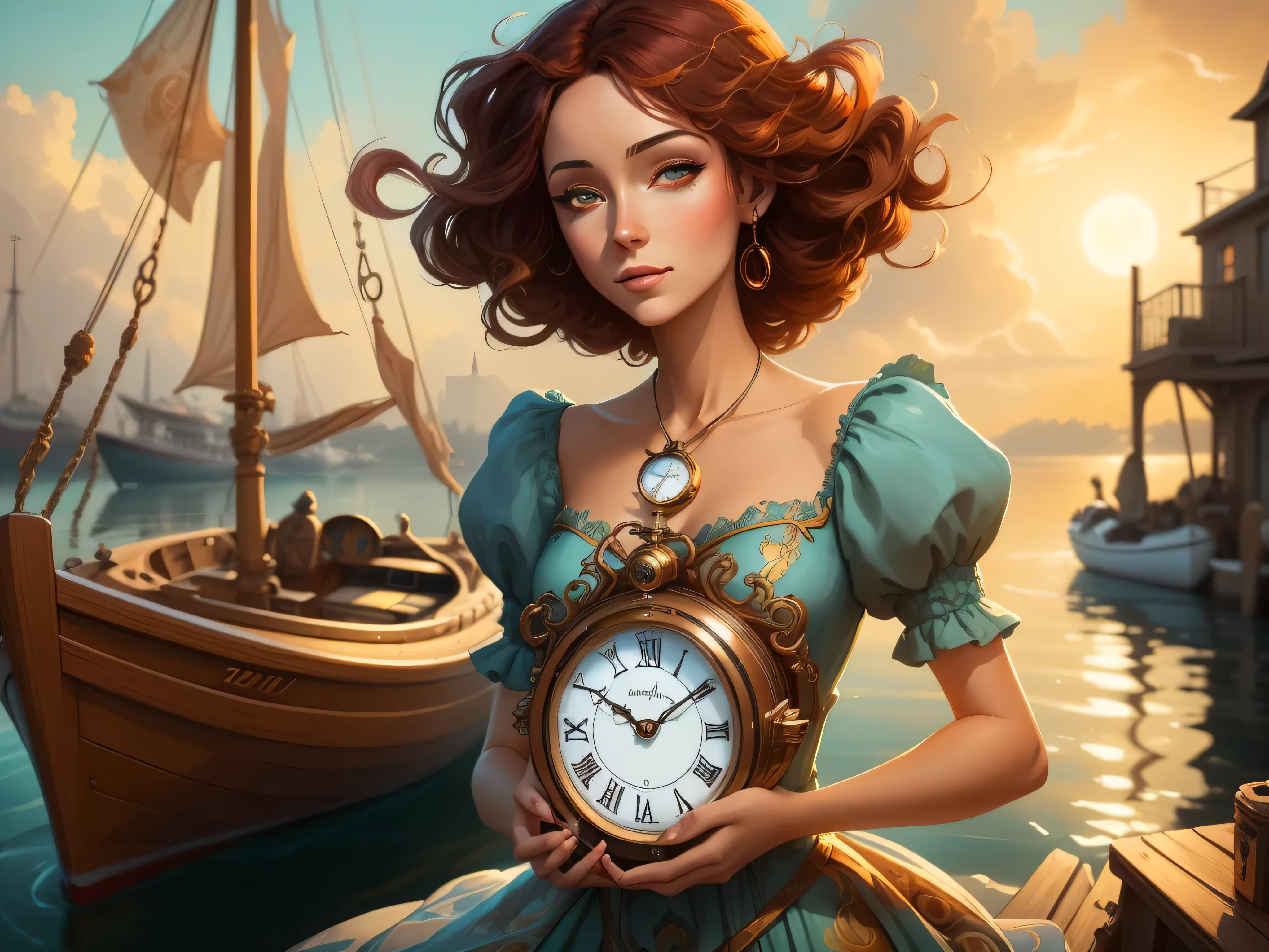 there a woman holding a clock in her hand near a boat, cyril rolando and m. w kaluta, cyril rolando and m.w kaluta, michael cheval (unreal engine, karol bak uhd, in style of cyril rolando, by Cyril Rolando, inspired by Cyril Rolando, stunning digital illustration, exquisite digital illustration