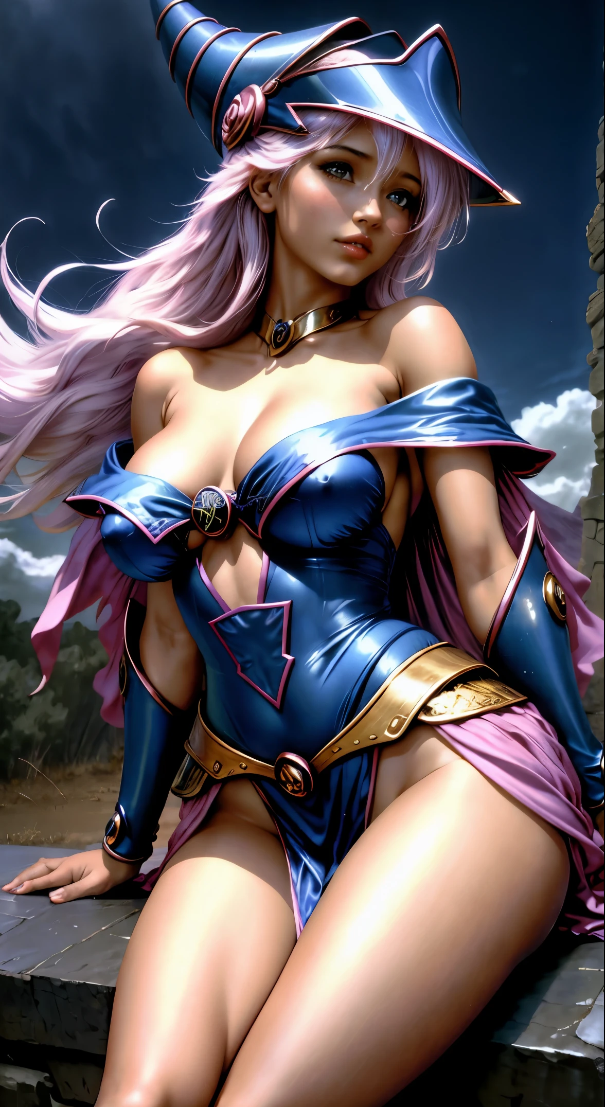 Dark magician gils ((mejor calidad)), ((obra maestra)), (detallada), rubia, smal boobs, smal boobs, seductive succubus, Ethereal Beauty, Perched on a pink flowering tree, (Fantasy Illustration: 1.3), mirada encantadora, cautivadora pose, chica dark magician gils sola, delicadas alas de mariposa, encanto de otro mundo, mystical sky, (Luis Royo:1.2), (Yoshitaka Amano:1.1), Moonlit morning, colores suaves, (nubes detalladas:1.3), (high resolusion:1.2) ( dragon flying in the sky) vestido, piernas colgando sobre el estanque, diosa griega, realista, realismo, cuerpo sexy, Desert Landscape. Tacones azules. Pose sejustiva y
