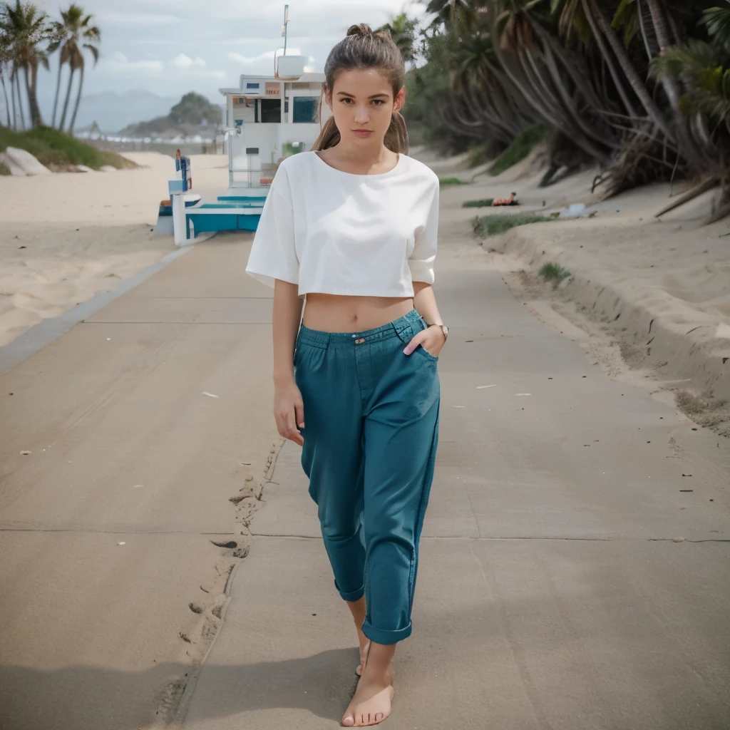 Tumblr girl in california in cute cropped outfit, no shoes, beach, long trousers