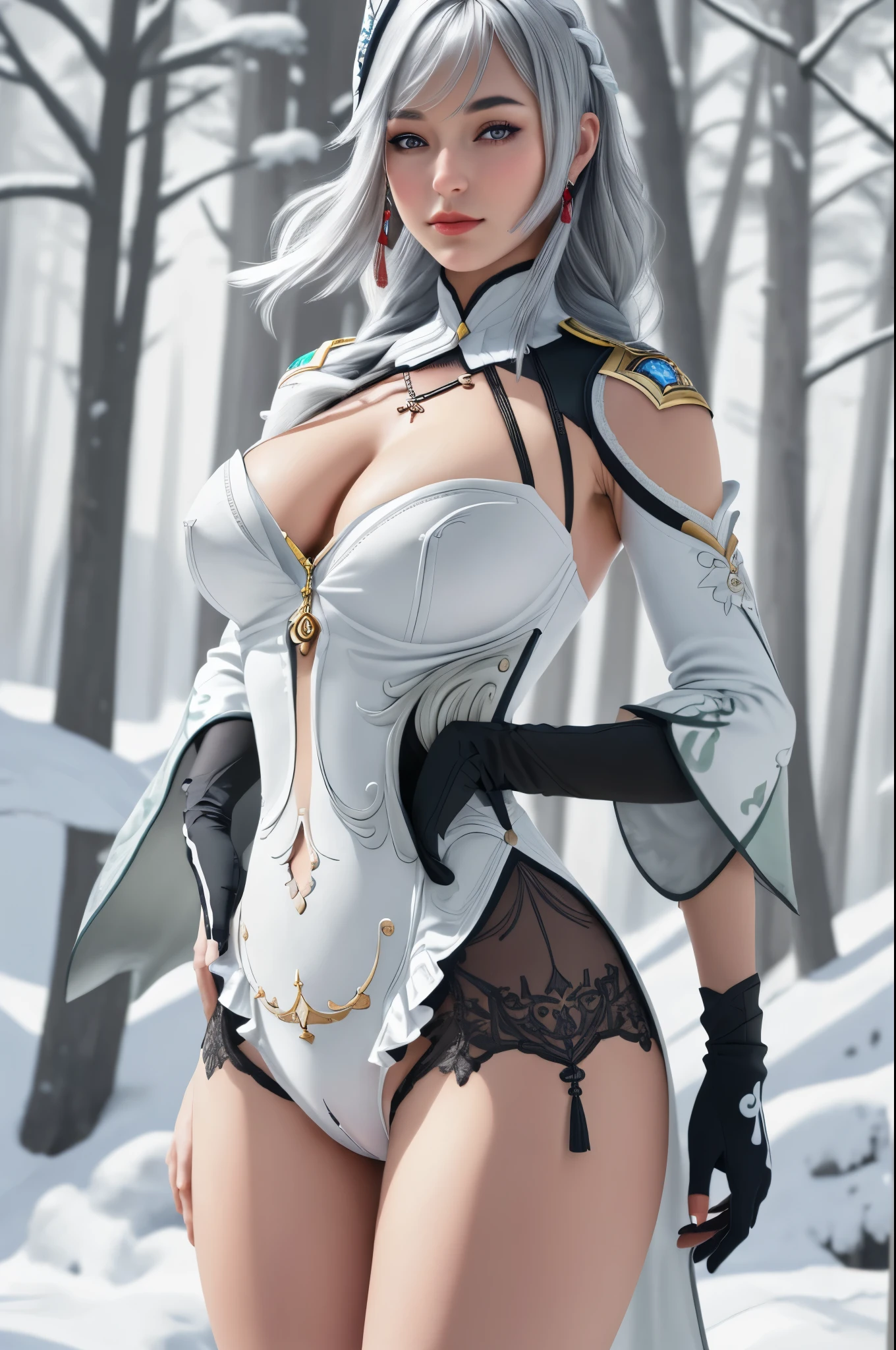 (Best Quality, 8K, Masterpiece, Ultra HD: 1.3, Ultra quality cinematic lighting, Huge detail, Well lit, 35mm, sharp, hyper realistic, epic scale, insane level of details, beautiful detailed girl, very detailed eyes and face, beautiful detailed eyes, ultra detailed skin, realistic skin), Lindsey Vonn as a Shenhe, ((short torso, long legs, slim waist, big hips, big naturally sagging breasts):1.2), ((black matte full-body bodysuit, black matte gloves, white arm ruffles):1.3), (((long white hair braided, silver light hair), gray eyes, bright red lipstick):1.3), (black feather in the hair on the right:1.3), necklace, earrings, bracelet, ((no bra, nipple heads stick out on the clothes, no panties, detailed cameltoe, camel toe, labia):1.2), (arms behind her:1.2), (snow forest, pine trees)