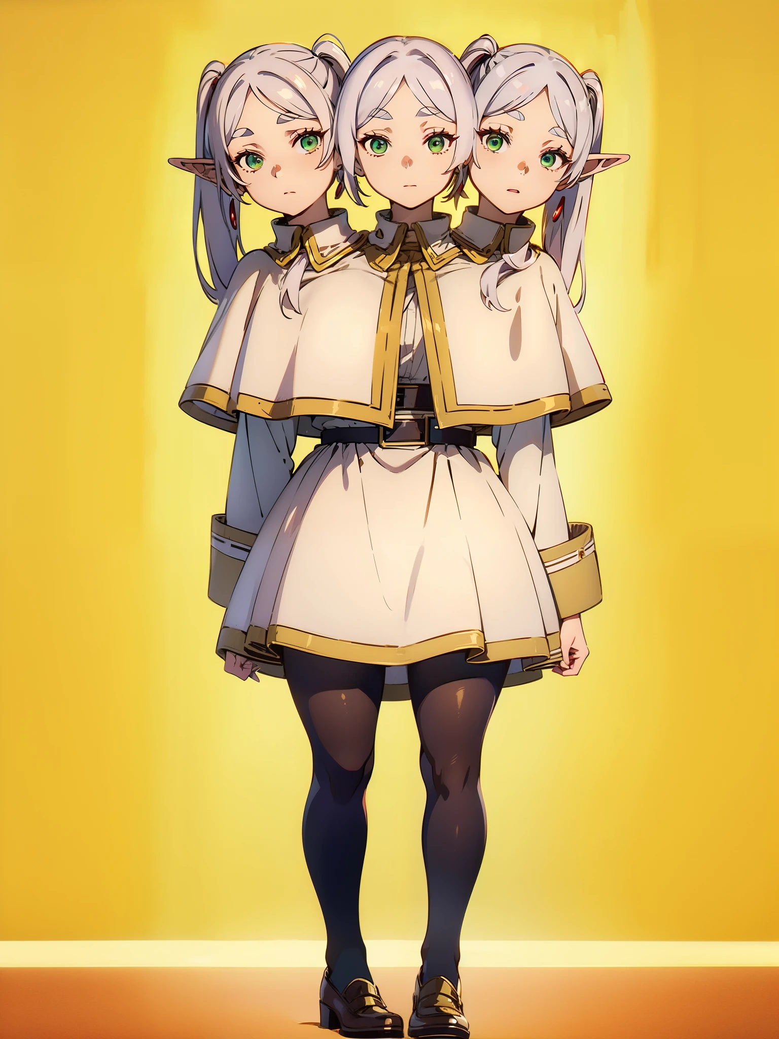 (2heads:1.5), 1girl,solo,elf,white hair,grey hair,earrings,pointy ears,long hair,ponytail,green eyes,twintails,parted bangs,thick eyebrows,collared capelet,white capelet,striped shirt,long sleeves,striped,white skirt.,
pantyhose,brown footwear,expressionless,red staff,, Exquisite visuals, high-definition,masterpiece,best quality,, Exquisite visuals,high-definition,masterpiece,best quality,18yo,Young female,Beautiful Fingers,Beautiful long legs,Beautiful body,Beautiful character design,white panties,