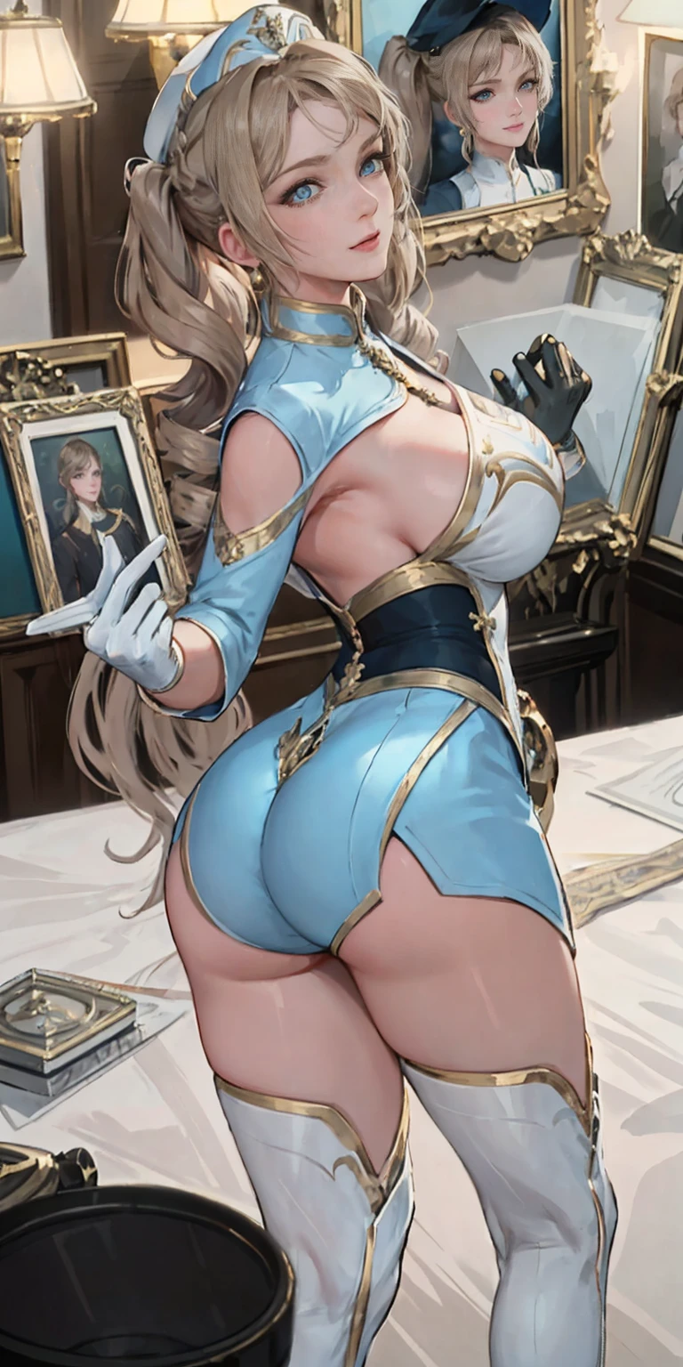 Best image quality, 4k, masterpiece, male, short hair, beautiful mature gentleness, light brown hair, light blue eyes, sharp eyes looking at the camera, face focus, delicate facial features, black uniform, white gloves hat, arms holding, artistic lighting, portraiture, face magnification, [elegant demeanor, dignified atmosphere and excellent posture that catches the eye + beautiful face + portrait painting effect]. big breast, holding her own ass, nice ass, blonde long messy hair, twin pigtail, twin drill
