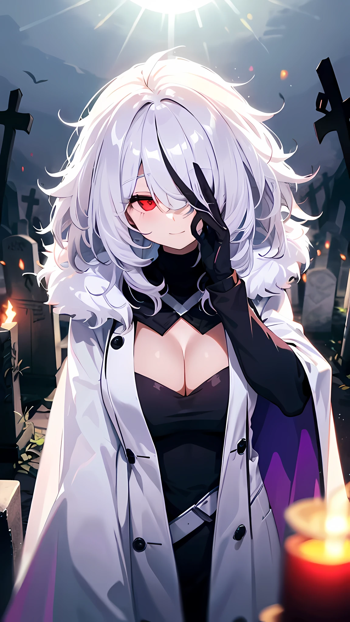 1 girl, alone,Beautiful body,glowing red eyes, beautiful woman, big deal, skeletal, white hair, ((hair covering eyes)), long shaggy black fur,The bottom light purple, Wearing a white fur coat and a light purple fur cloak, (((hair covering eyes))), graveyard in background:1.3