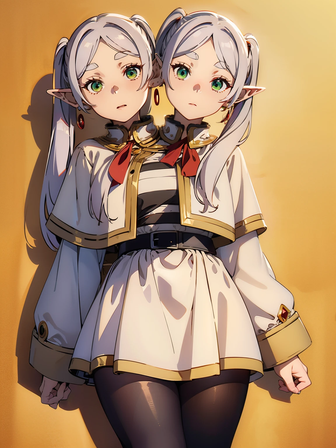 (2heads:1.2), 1girl,solo,elf,white hair,grey hair,earrings,pointy ears,long hair,ponytail,green eyes,twintails,parted bangs,thick eyebrows,collared capelet,white capelet,striped shirt,long sleeves,striped,white skirt.,
pantyhose,brown footwear,expressionless,red staff,, Exquisite visuals, high-definition,masterpiece,best quality,, Exquisite visuals,high-definition,masterpiece,best quality,18yo,Young female,Beautiful Fingers,Beautiful long legs,Beautiful body,Beautiful character design,white panties,