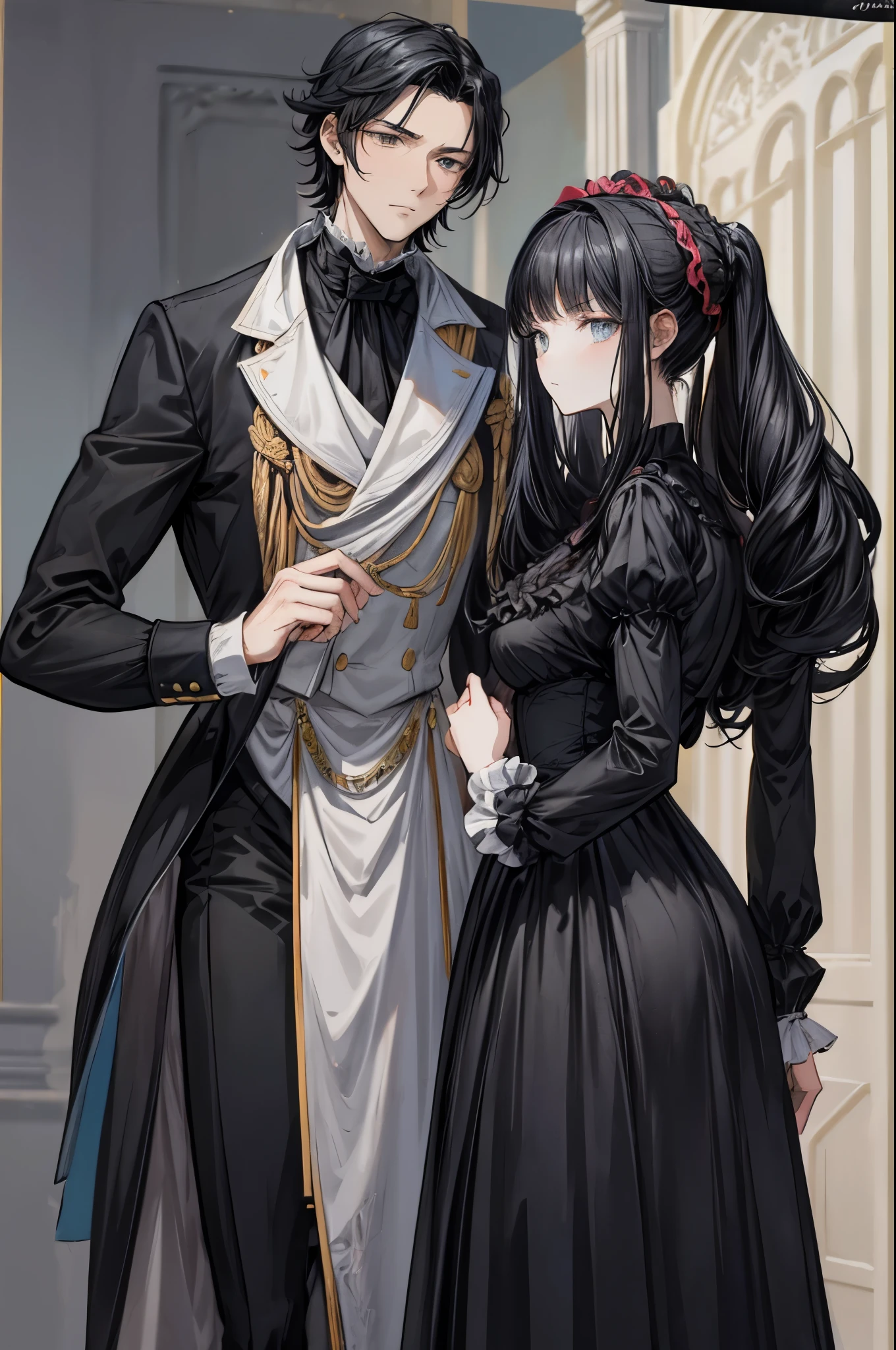 (flat color:1.1),(masterpiece:1.2), best quality, masterpiece, original, black silhouette figures of a regency man and woman