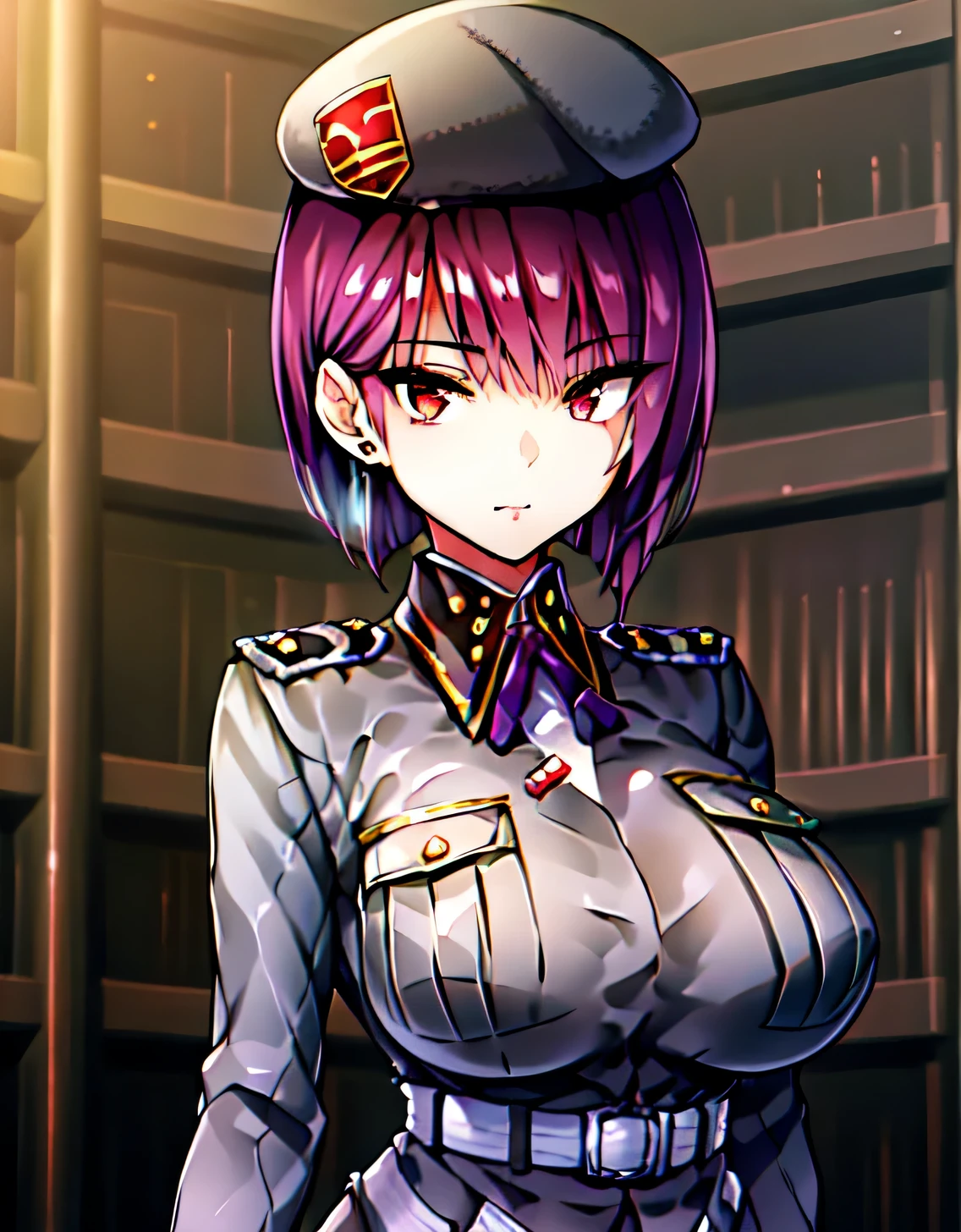 (big breasts:1.5),looking at the viewer,Are standing,((masterpiece)),((highest quality)),perfect anatomy,8K UHD,highly detailed face,luster and luster,((1 girl)),((alone)),(beautiful and fine eyes:1.5),perfect image,(Upper body:1.1),(look ahead:1.1),turn your arms behind your back,slim waist,shiny hair,super detailed,(short purple hair),(red eyes),office room,(Wearing a military uniform:1.1),(beret:1.1),Expressionless