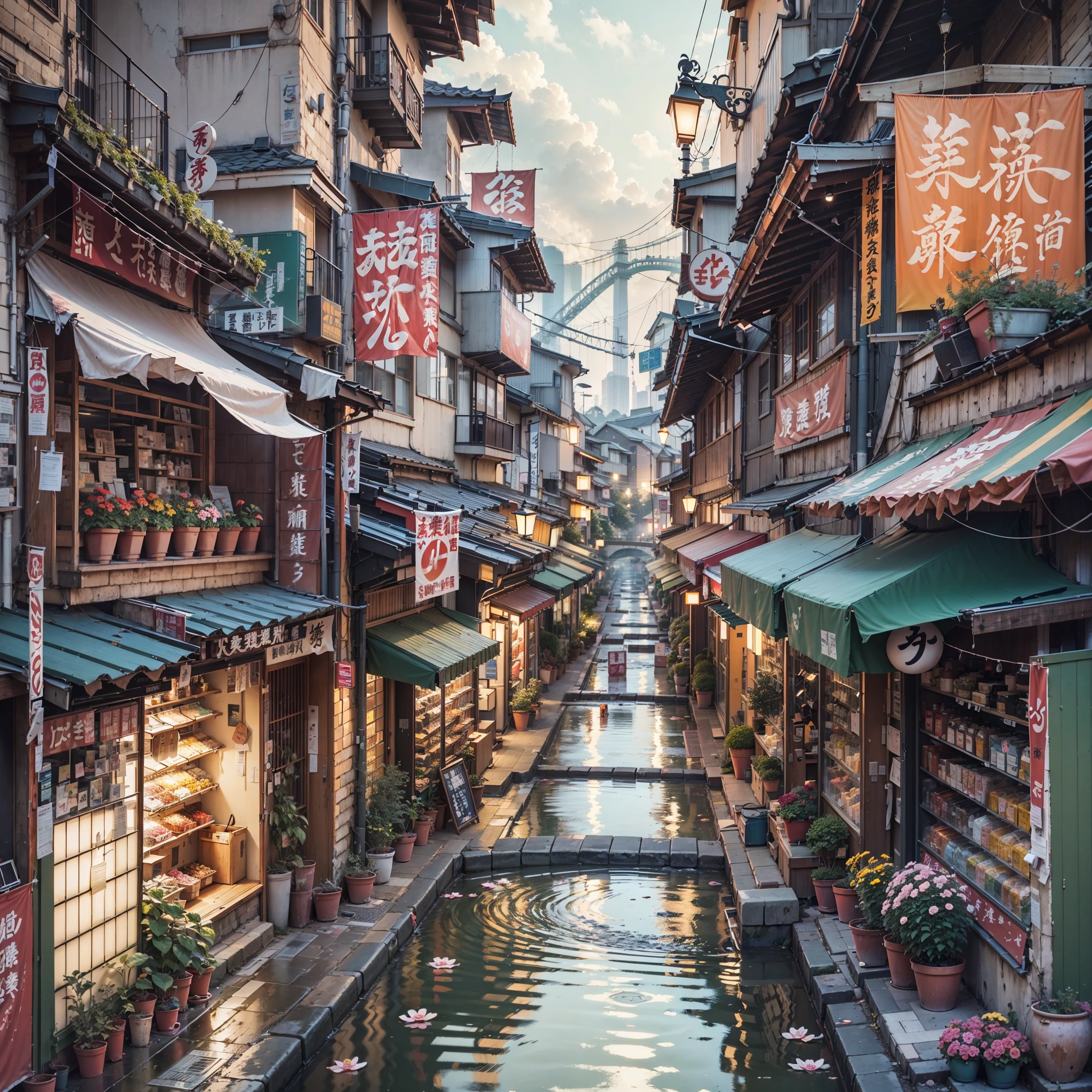 anime backgrounds, empty, A modern Japanese city street by the river. Japanese cartoons, Japanese cartoons style. barrel, flower pots, dSateens, Vents, Air circulation, gutter, pipelines, electrical wires, Japanese large store sign, Vintage Japanese shop width. (NOhumans :1), NOhumans in sight. gloomy weather, Sateen, heavy Sateenfall, heavy Sateen, water puddles. Best quality.