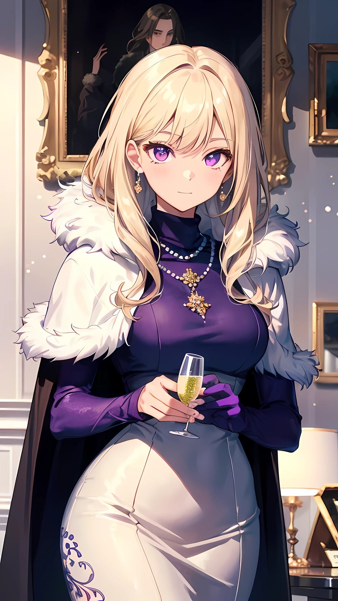 masterpiece, best quality, 1 girl, thin body, pastel colors, blonde hair, extra long hair, curly hair, (perfect face), purple eyes, (perfect face), delicate eyes, Dark purple long turtleneck dress, Glitter dress, Lace cloak, gem, pearl embroidery, Elegant evening, luxury interior, shine, portrait, ((fur shawl)), drinking champagne