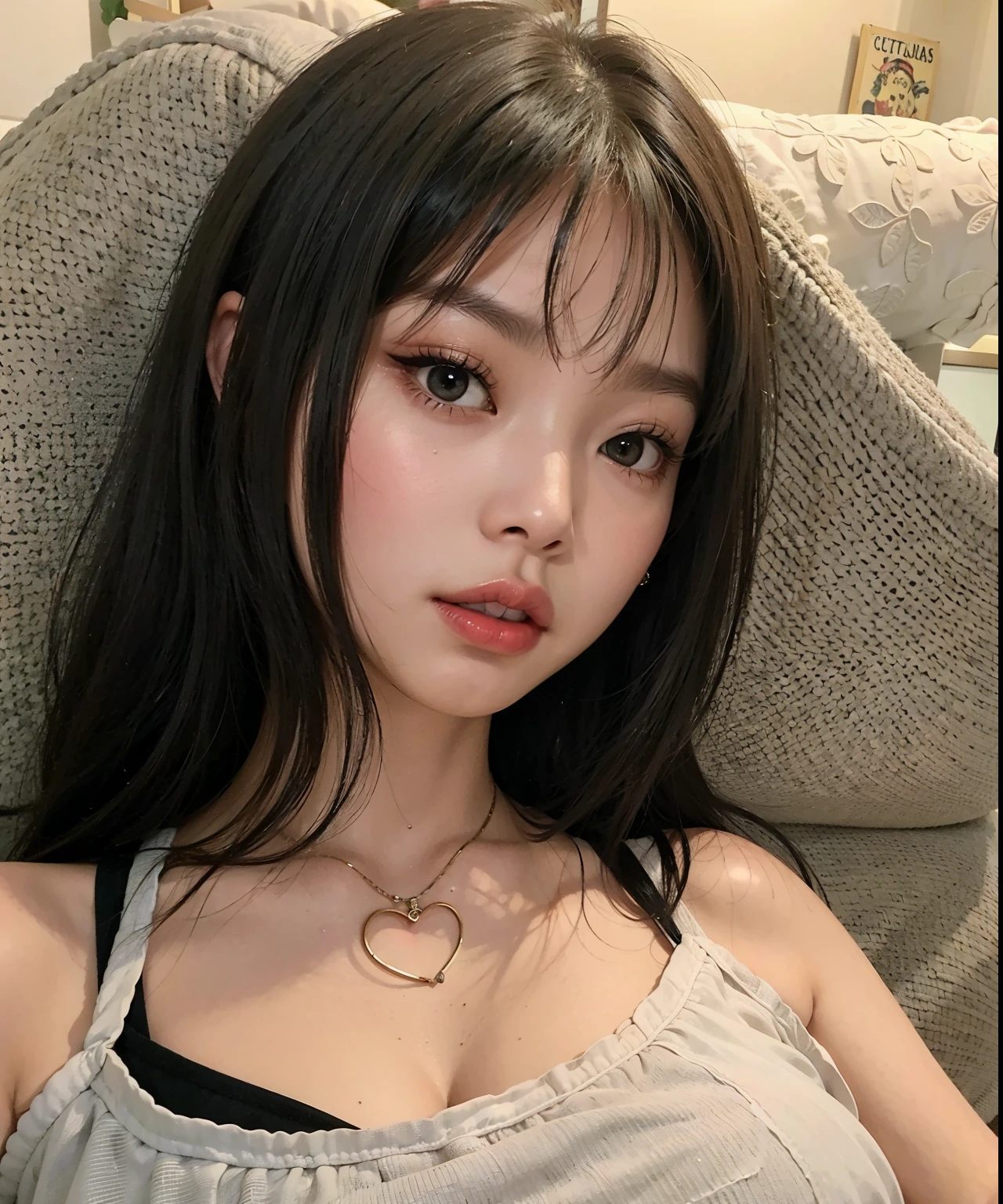 Blackpink Jennie with a tattoo on her chest sitting on a sofa, ela tem cabelo preto com franja, 🤤 retrato de ******, anime vibes, corte de cabelo preto hime, small heart-shaped face, cruel korean goth girl, Asian girl, garota cara fofa, detailed face of a Asian girl, goth girl aesthetic, franja preta, cabelo arrumado com franja,  jennie blackpink 