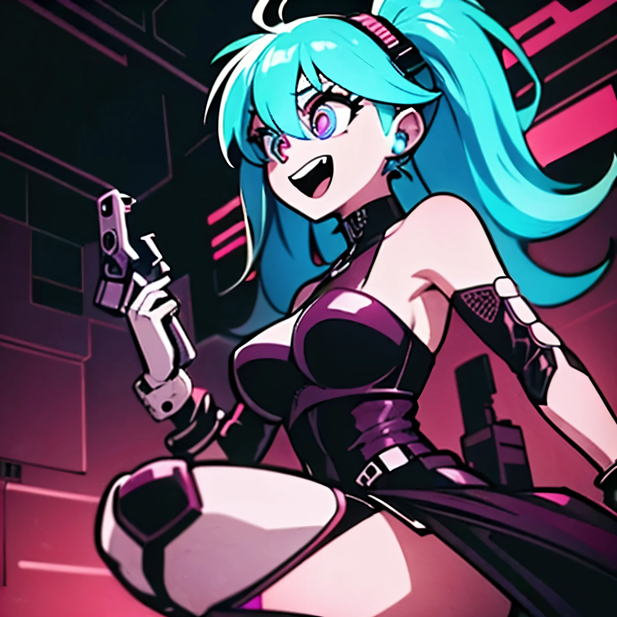 Cyberpunk girl holding dual weild pistols laughing uncontrollable with different colored eyes