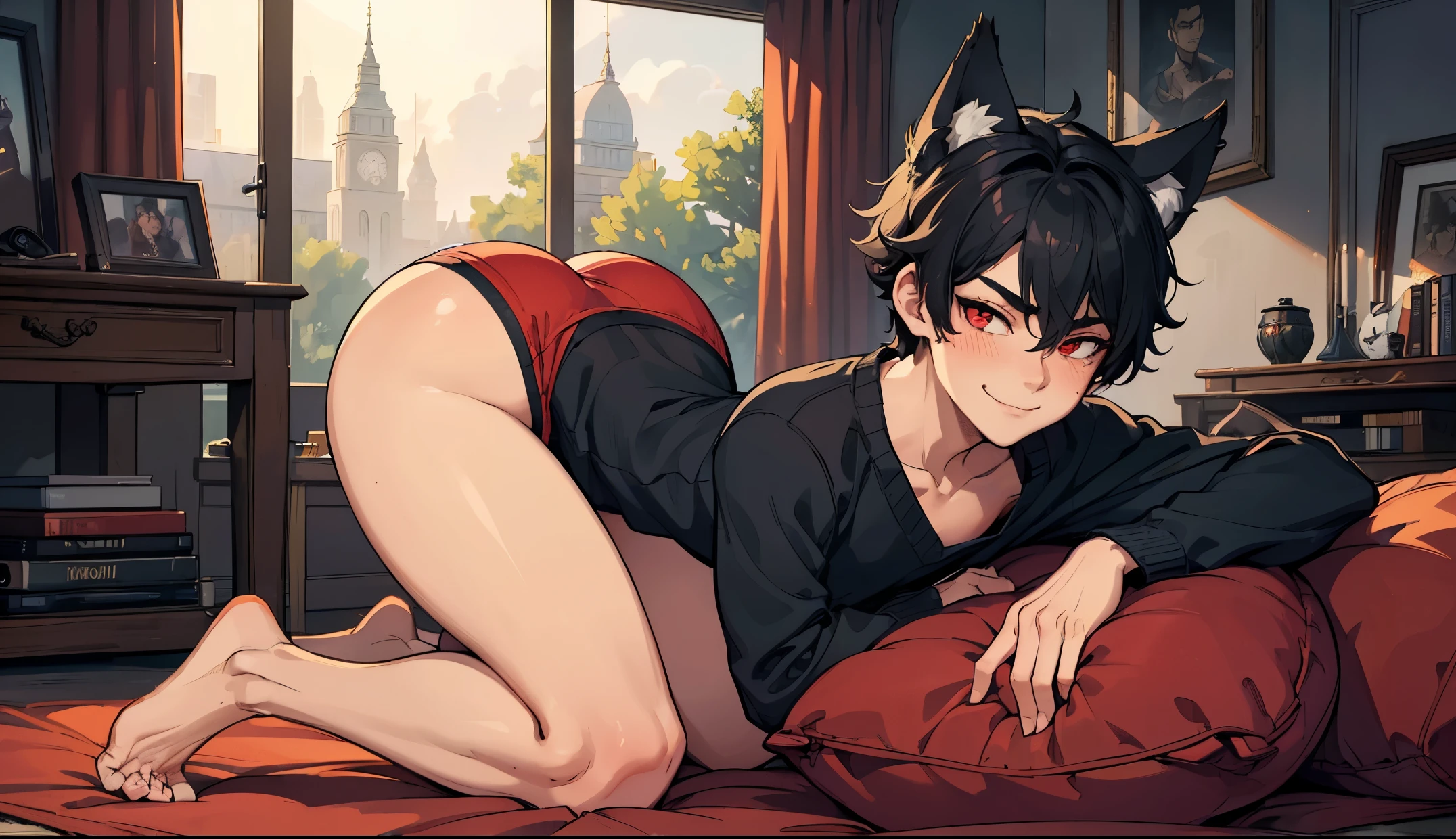 (((1boy))), big sharp ears, fluffy wolf tail, black hair, red eyes, ((half open eyes)), big thighs, slim waist, smug, twink, living room setting, gym booty shorts, sweater, blushing, full body view, ultra masterpiece, HD, comfy atmosphere, (((flat chest))), close up view of face, laying down sideways, lewd smiling