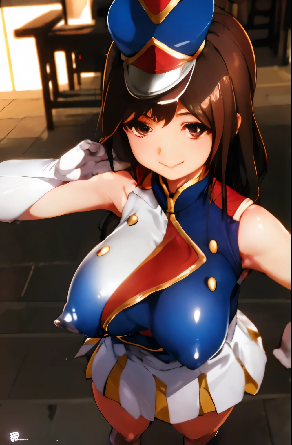 1 girl, sunfes, Mini Shako Cap, uniform,, brown eyes, big breasts, clear々nice smile、detailed face、detailed costumes、detailed skin、