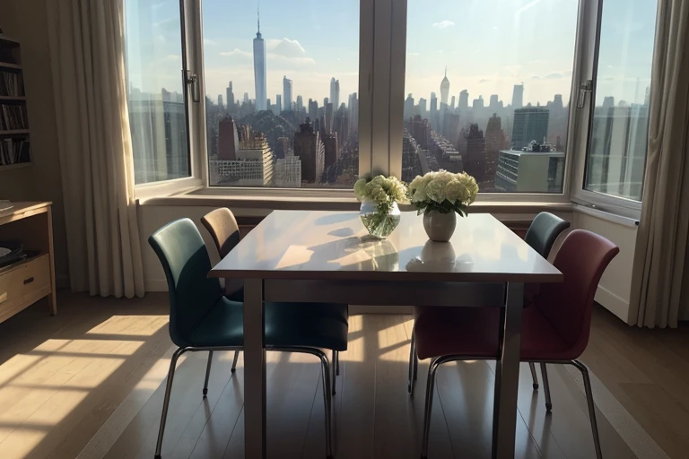 A chrome-plated metal table with rounded edges sits in a dark room. On the table is a vase of white flowers and an open book. Light from the skyscrapers of Manhattan enters through the window, illuminating the flowers and book.
The table is shiny silver and has a mirror finish. The vase is made of glass and has a simple design. The book is hardcover and has a red cover.
The skyscrapers of Manhattan are tall and thin. They are lit up with colored lights. The window is large and rectangular.
The room is dark, but the light from the window creates a warm and inviting atmosphere.
In the background, the city of New York stretches to the horizon. The buildings are a variety of colors and sizes. There is a lot of activity on the streets, with people walking, driving, and taking public transportation.
The sky is clear blue. There is a gentle breeze blowing through the leaves of the trees.
The image has a sense of calm and tranquility. The light from the window creates a warm and inviting atmosphere. The view of the city is impressive and evokes a sense of wonder.