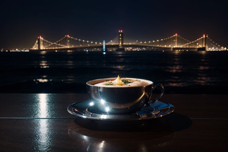 stunning slick chromed metallic table top surface view with the manhattan iconic view at night, background, awesome professional stock photo best quality, 8k, low view, panoramic background, sharp close-up table top surface