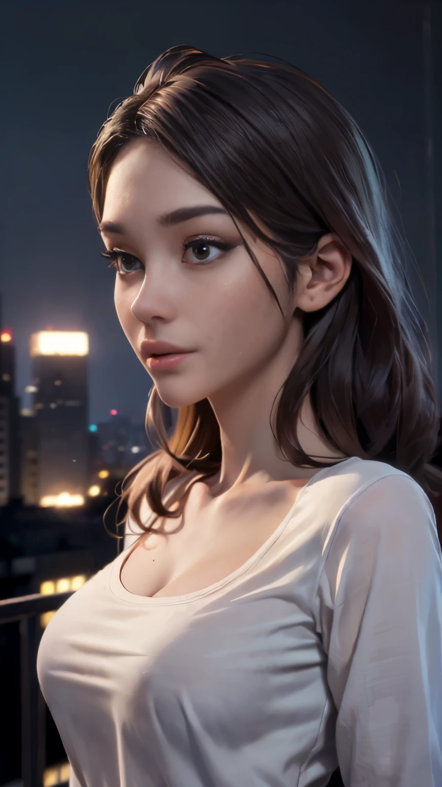 photo of Bebahan, RAW, beautiful woman, ((portrait)), ((detailed face:1.2)), ((detailed facial feature, detailed skin, clear skin), (perfect proportioned body), (wearing an low cut long sleeve shirt) (high detailed city environment, apartment balcony), (realistic photo, best quality, detailed), (8k wallpaper), (cinematic lighting, dramatic lighting) (sharp focus, intricate)