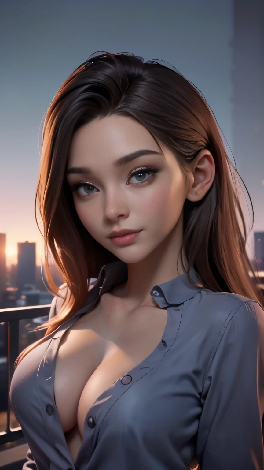 photo of Bebahan, RAW, beautiful woman, ((portrait)), ((detailed face:1.2)), ((detailed facial feature, detailed skin, clear skin), (perfect proportioned body), (wearing an low cut long sleeve shirt) (high detailed city environment, apartment balcony), (realistic photo, best quality, detailed), (8k wallpaper), (cinematic lighting, dramatic lighting) (sharp focus, intricate)