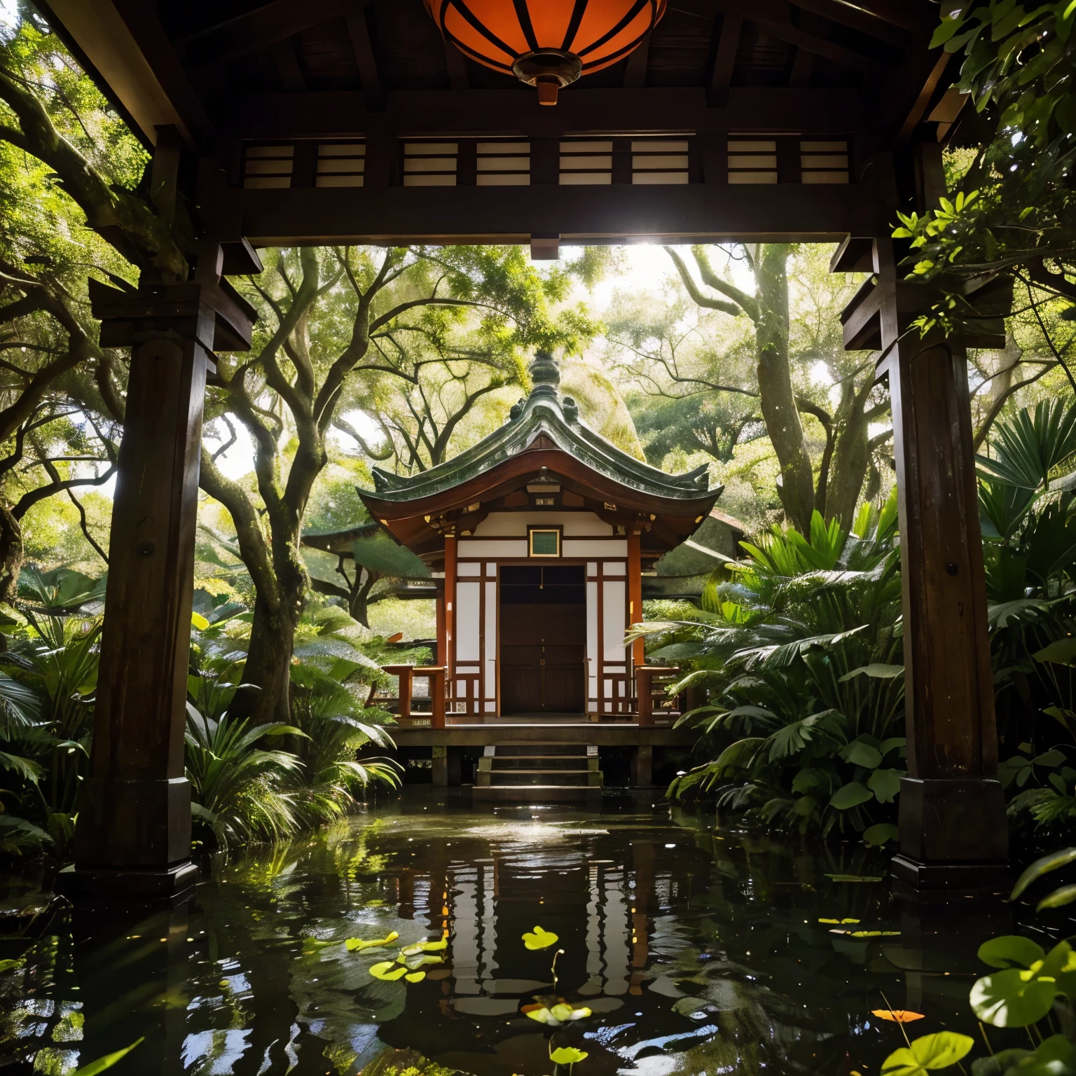 Amidst the emerald expanse of the swamp, bursts of yellow, orange, and vibrant pink emerge. Serene yet lively, the vibrant hues harmonize with the predominantly green backdrop. A Japanese temple stands gracefully in this otherworldly setting, its intricate architecture an elegant contrast to the untamed surroundings. The mystical swamp envelops the temple, its murky depths and overgrown foliage adding an air of mystery and enchantment. A tranquil sanctuary where nature reigns supreme and vibrant accents make their stunning presence known.