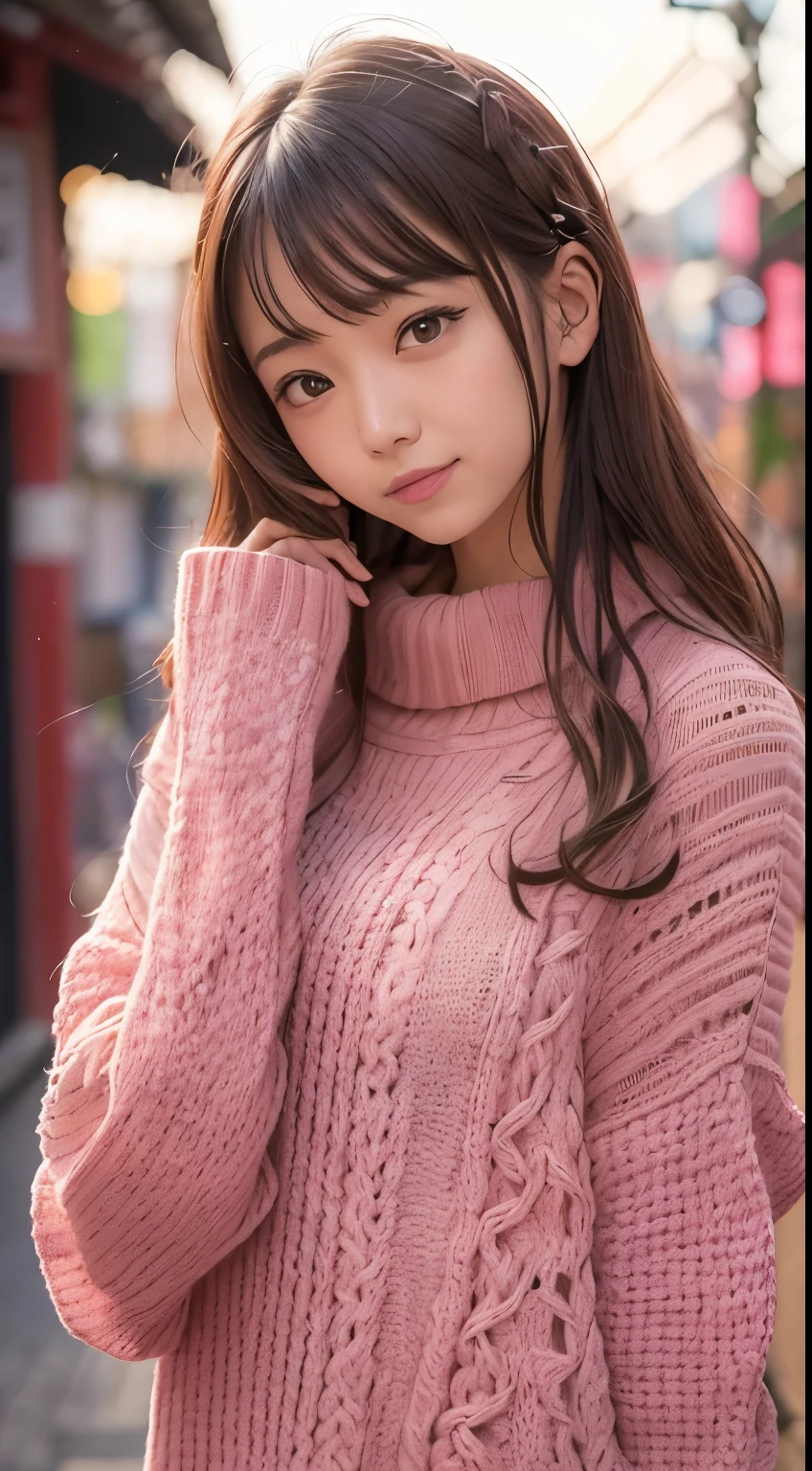 stand in japanese traditional street, in kyoto, japanese woman, (pink oversized knitted sweater:1.3), in the sunset, pupils sparkling, brown long hair, depth of field, f/1.8, anatomically correct, textured skin, super detail, high details, high quality, super detail, high details, high quality, best quality, highres, sexy pose
