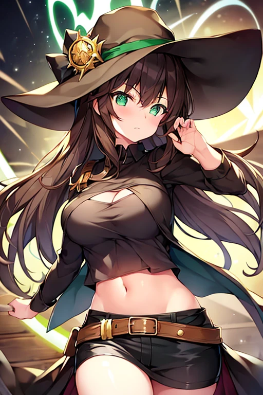 1girl, brown hair, green eyes, breasts, black shirt, belt, which hat, glowing eyes, serious, magic,