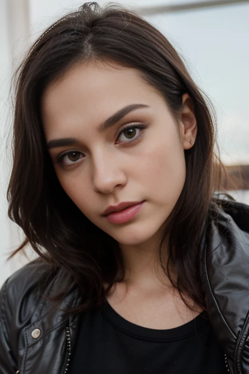 ((best quality)), ((masterpiece)), (detailed), perfect face realistic photo of beautiful woman with long dark brown hair, Russian, influencer, light freckles, dark brown eyes, big lips, no makeup, instagram, in a black dress posing for a picture, glossy plastic, wearing a fisher 🧥