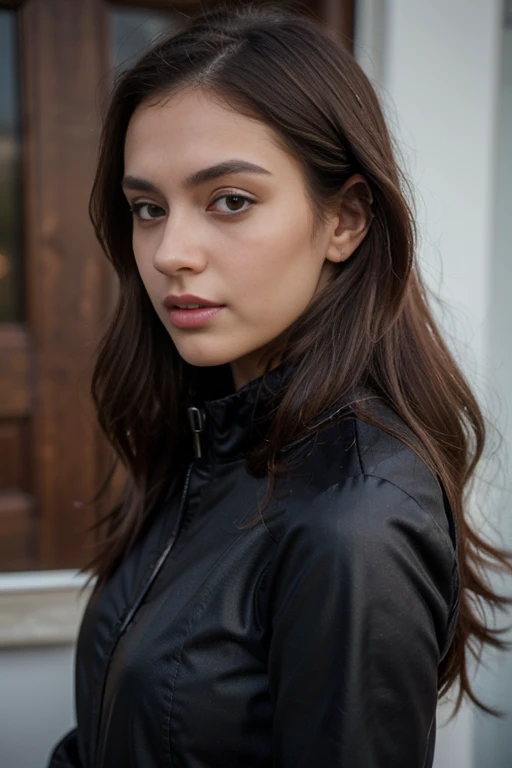 ((best quality)), ((masterpiece)), (detailed), perfect face realistic photo of beautiful woman with long dark brown hair, Russian, influencer, light freckles, dark brown eyes, big lips, no makeup, instagram, in a black dress posing for a picture, glossy plastic, wearing a fisher 🧥