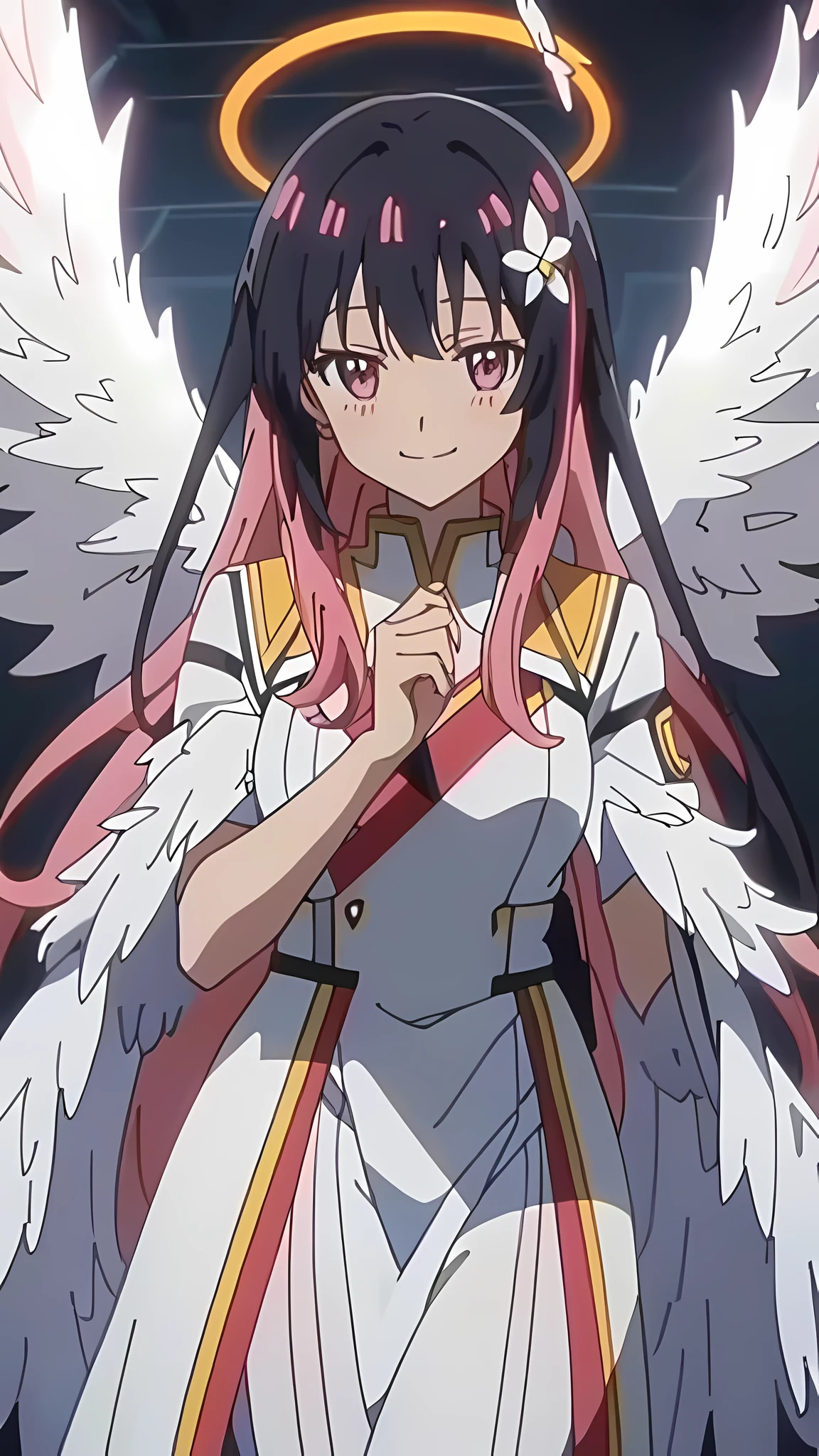bright colors, woman, masterpiece, sharp focus, best quality, depth of field, Cinema lighting, (Anime screenshots:1.4), colorful hair, long hair, black hair, pink eyes, halo, Angel wings, Feathered wings, pink hair, white clothing, hair accessories, Angel, white wings, Smile, blush