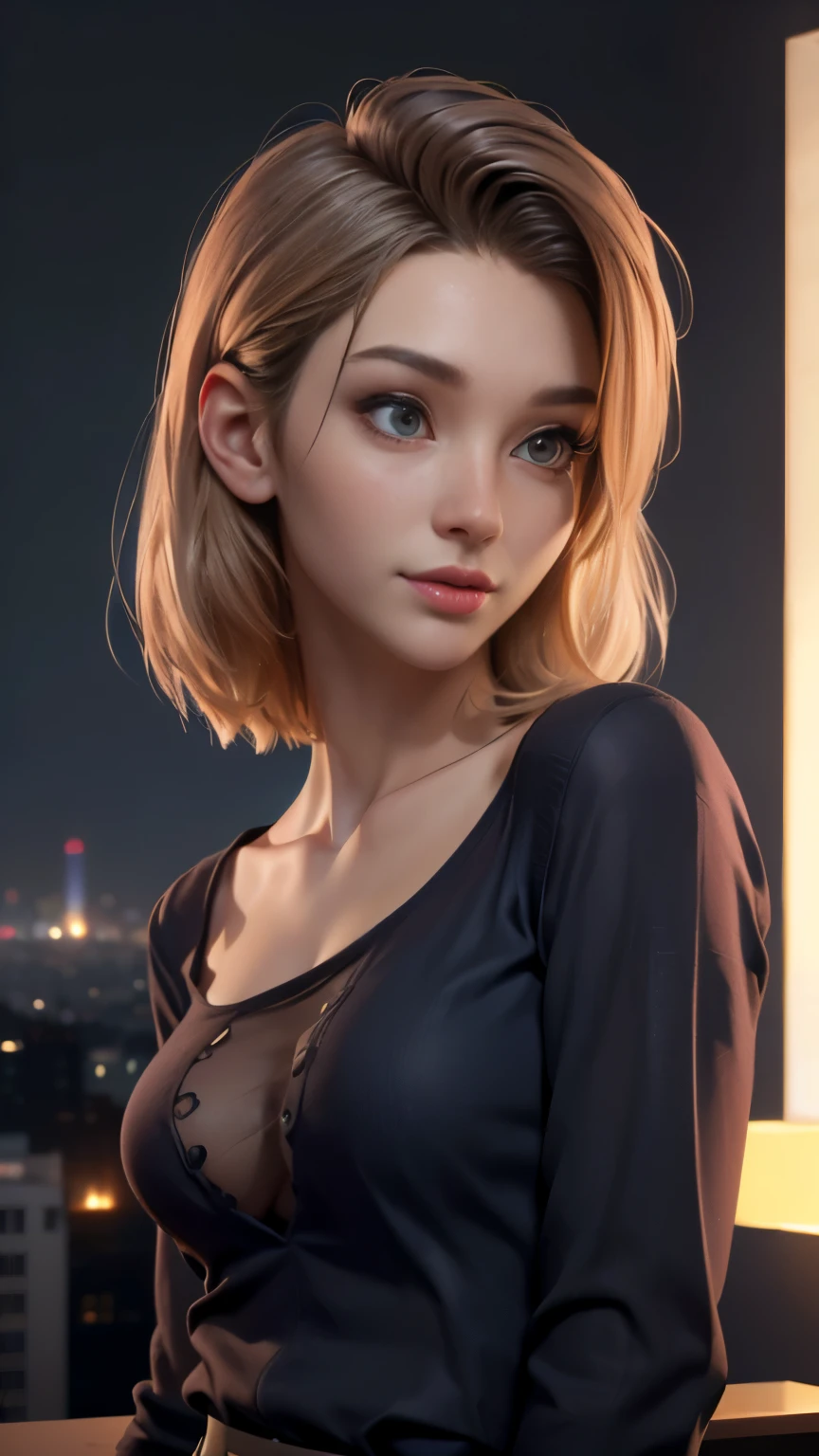 photo of Bebahan, RAW, beautiful woman, ((portrait)), ((detailed face:1.2)), ((detailed facial feature, detailed skin, clear skin), (perfect proportioned body), (wearing an small low cut long sleeve shirt) (high detailed city environment, apartment balcony), (realistic photo, best quality, detailed), (8k wallpaper), (cinematic lighting, dramatic lighting) (sharp focus, intricate)