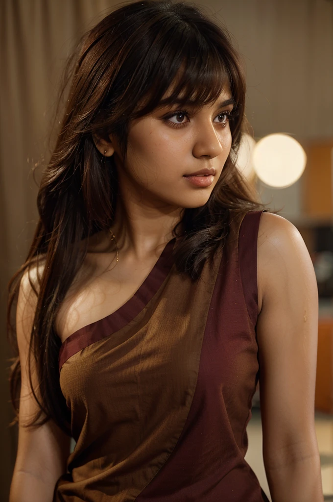 realistic half body portrait of a 20-year-old pakistani girl, hair bangs, sleeveless maroon kurti , solid brown background, studio portrait, bokeh, skin texture, hair texture, slim, raw image, side light, light and shadow, orange color tone