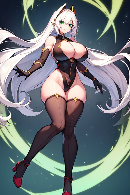 1girl, white hair, long hair, large breasts, breasts, wide hips, green eyes, smile, bodysuit, red bodysuit, black thighhighs, thighhighs, green trim, sleeveless, black pantyhose, pantyhose, futuristic, tech, science-fiction, full body, ((full body)),