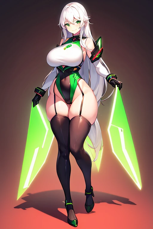 1girl, white hair, long hair, large breasts, breasts, wide hips, green eyes, smile, bodysuit, red bodysuit, black thighhighs, thighhighs, green trim, sleeveless, black pantyhose, pantyhose, futuristic, tech, science-fiction, full body, ((full body)),