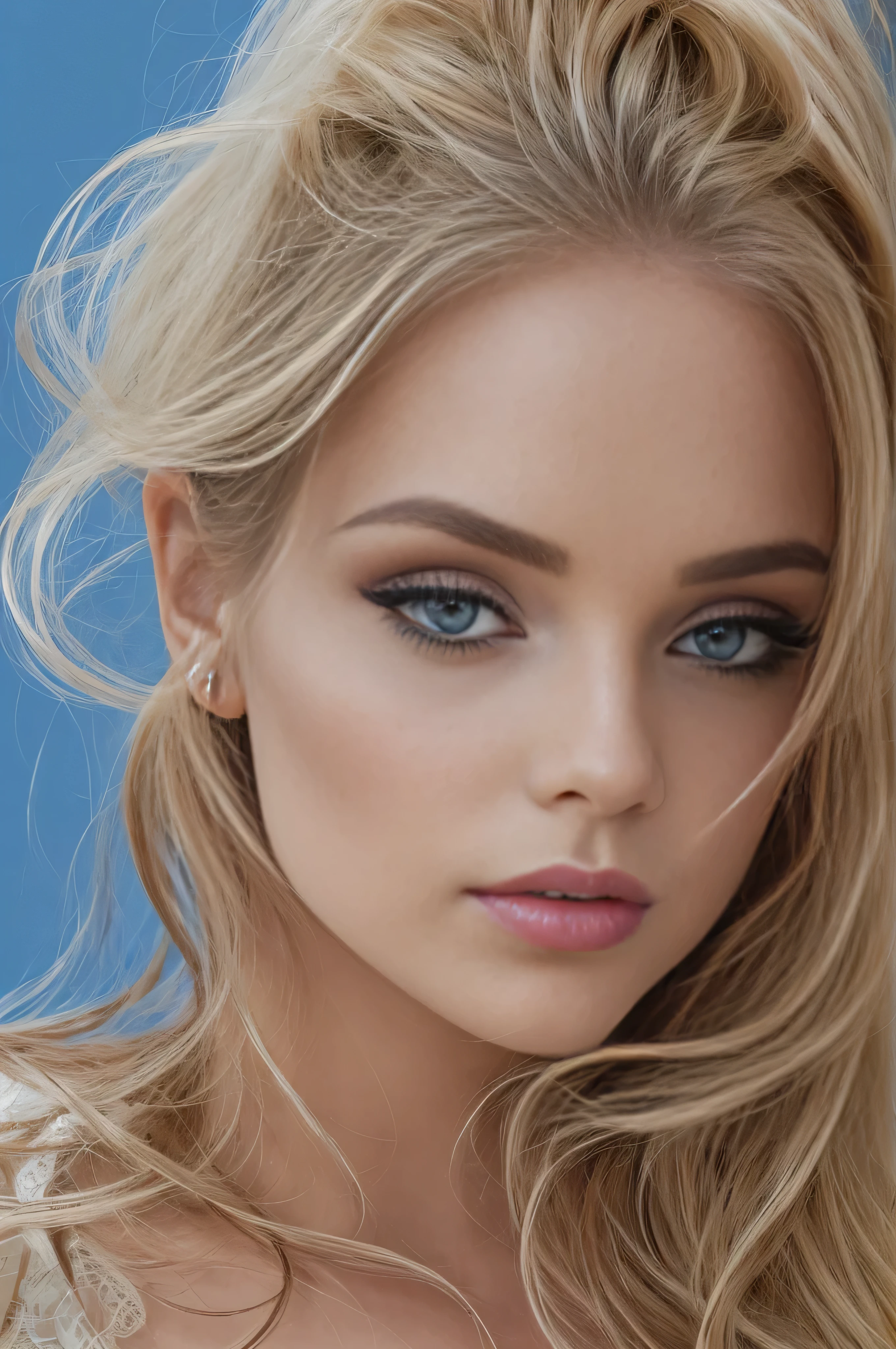 highest quality、High resolution、Super detailed、masterpiece、Live shooting:2、real:2、photorealistic:2、very delicate and beautiful、fine details、textured skin、beautiful caucasian、solo、Super beautiful, Makeup, Ecstatic expression, lecherous expression, temptation expression, Flowing layered white shiny blonde hair, Glowing big blue eyes, Seductive moist pink lips, perfect proportions, (close up of face:1.7)