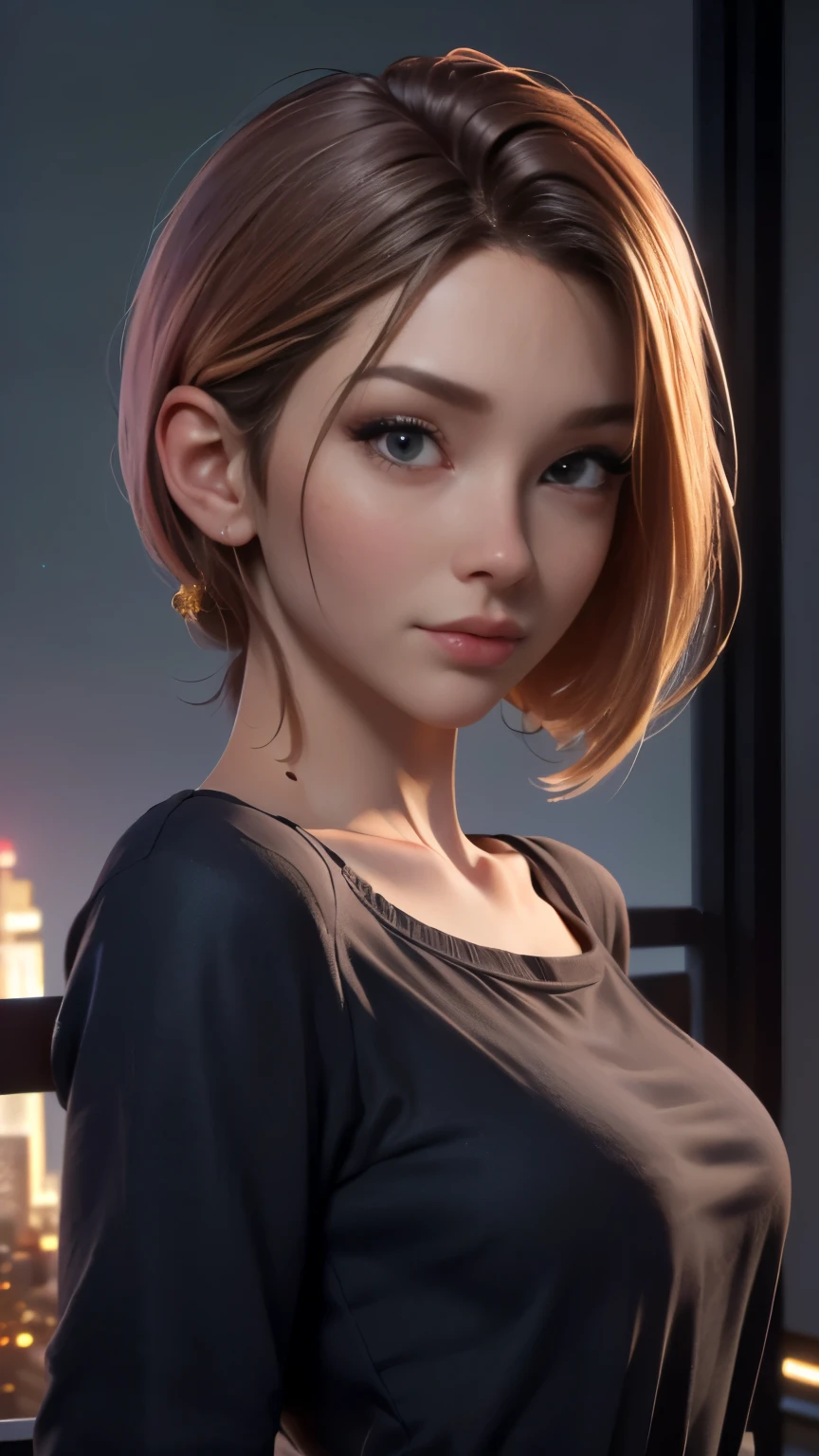 photo of Bebahan, RAW, beautiful woman, ((portrait)), ((detailed face:1.2)), ((detailed facial feature, detailed skin, clear skin), (perfect proportioned body), arched back, (wearing an small low cut long sleeve shirt) (high detailed city environment, apartment balcony), (realistic photo, best quality, detailed), (8k wallpaper), (cinematic lighting, dramatic lighting) (sharp focus, intricate)