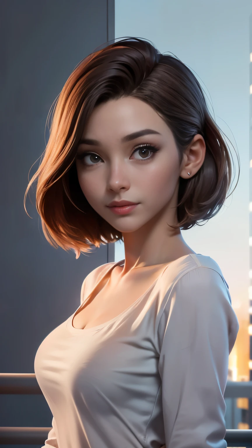 photo of Bebahan, RAW, beautiful woman, ((portrait)), ((detailed face:1.2)), ((detailed facial feature, detailed skin, clear skin), (perfect proportioned body), arched back, (wearing an small low cut long sleeve shirt) (high detailed city environment, apartment balcony), (realistic photo, best quality, detailed), (8k wallpaper), (cinematic lighting, dramatic lighting) (sharp focus, intricate)