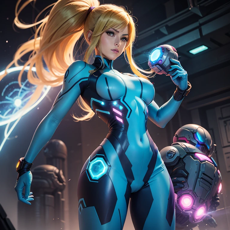 metroid samus aran, body azul decotado, plasma gun in hand, de noite, narrow chest, seios enormes empinados, cintura bem fina, quadris largos, pernas grossas.
